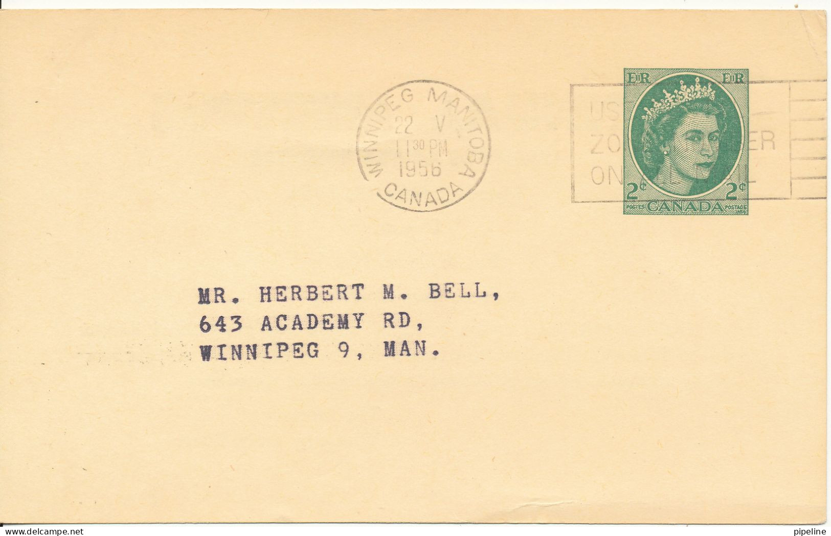 Canada Postal Stationery Postcard Winnipeg Manitoba 22-5-1958 - 1953-.... Regering Van Elizabeth II