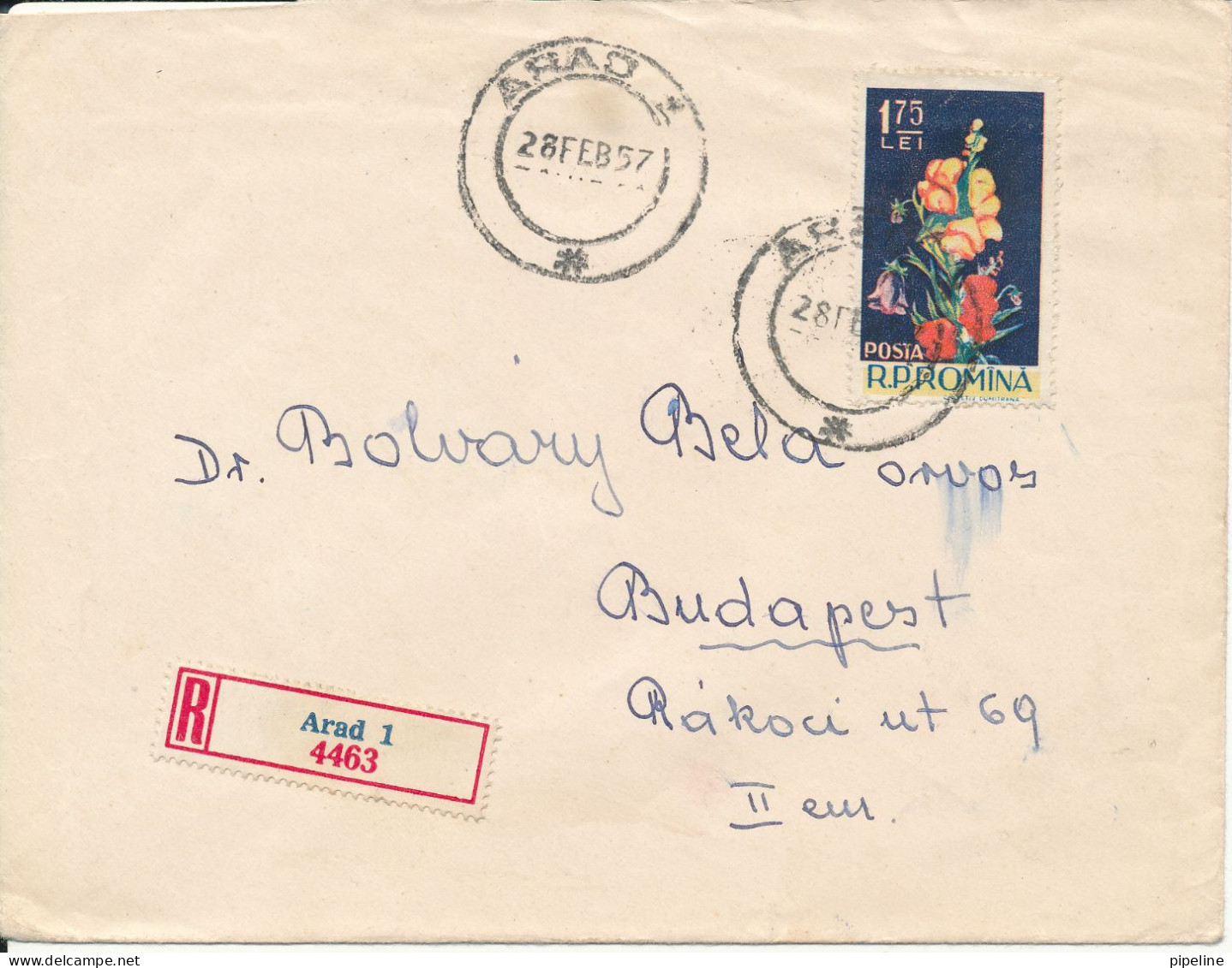 Romania Registered Cover Sent To Hungary Arad 28-2-1957 Single Franked - Covers & Documents