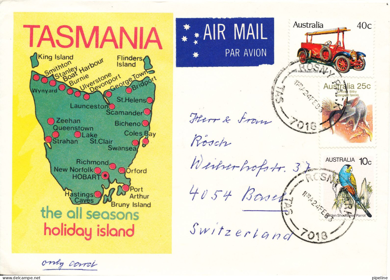 Australia Cover Sent To Switzerland Rosny Park  24-2-1983 With Nice Tasmania Cachet And Topic Stamps - Enteros Postales