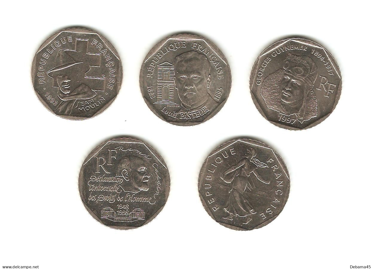 555/ France : 5 X 2 Francs : 1993 Moulin - 1995 Pasteur - 1997 Guynemer - 1998 Cassin - 2000 Semeuse - 2 Francs