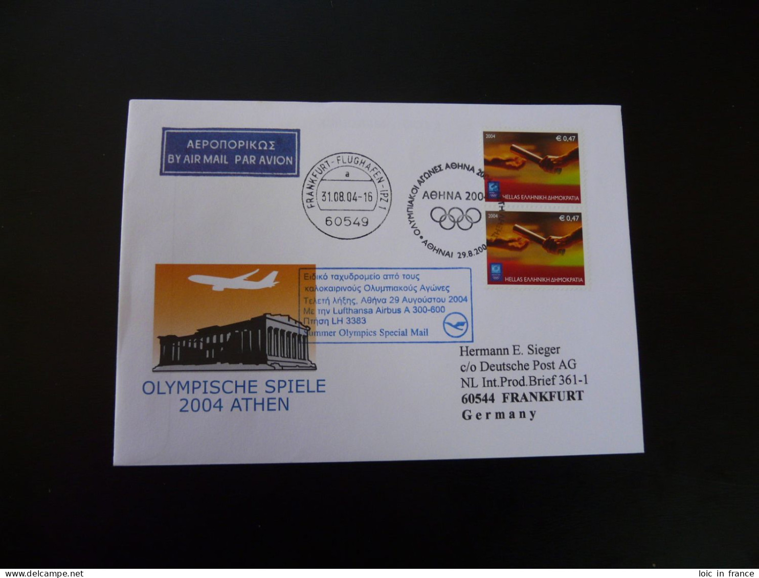 Lettre Vol Special Flight Cover Athens Olympic Games To Frankfurt Airbus A300 Lufthansa 2004 - Briefe U. Dokumente