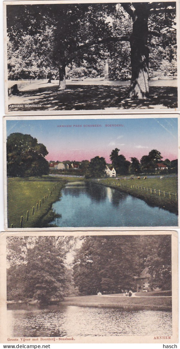 4770155 Arnhem, Sonsbeek Groote Vijver Met Boerderij 1923, Park Sonsbeek Boerderij, Sonsbeek 1939. (3 Kaarten) - Arnhem