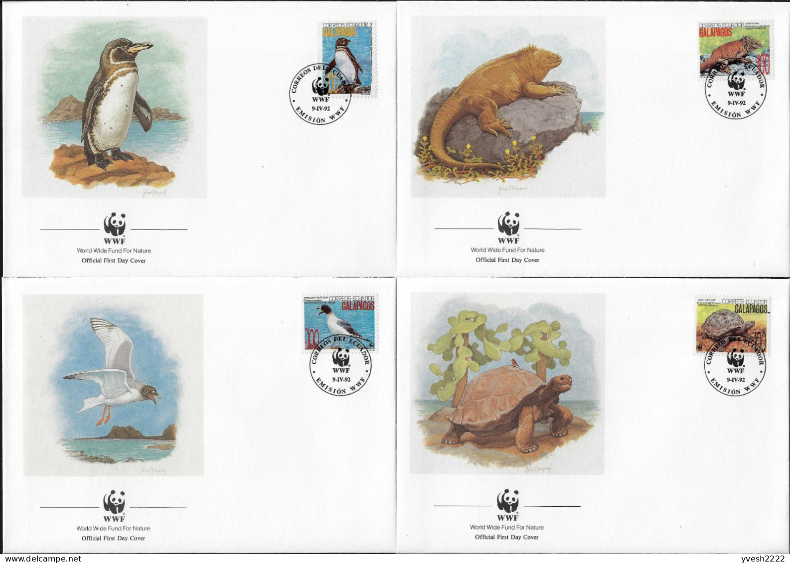 Équateur 1992 Y&T 1240 à 1245, Les 4 FDC WWF (pas De Logo Sur Les 2 Autres Timbres). Galapagos : Iguane Pingouin Tortue - FDC