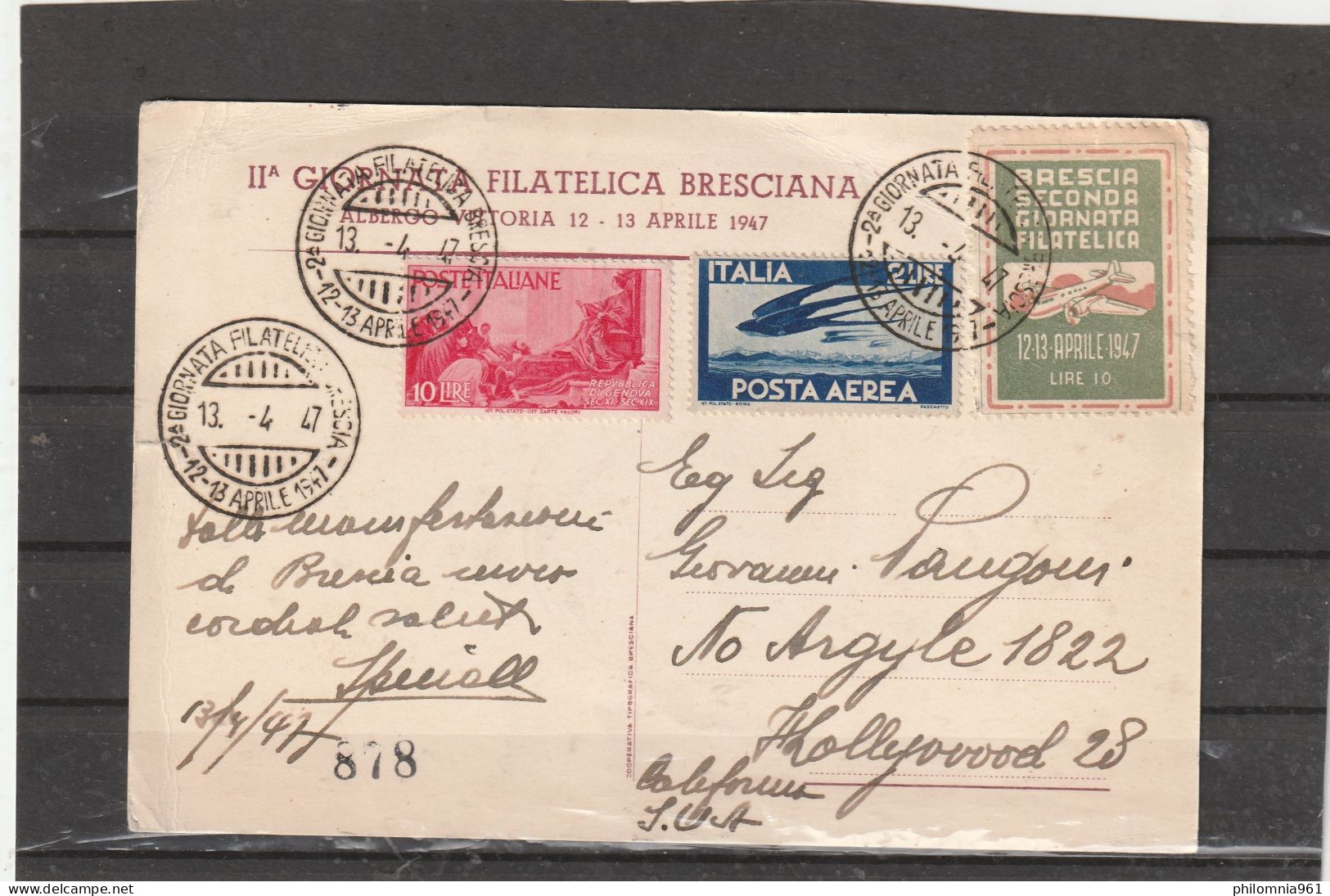 Italy AIRMAIL 2nd GIORNATA FILATELICA BRESCIA POSTCARD 1947 - Marcophilia (AirAirplanes)