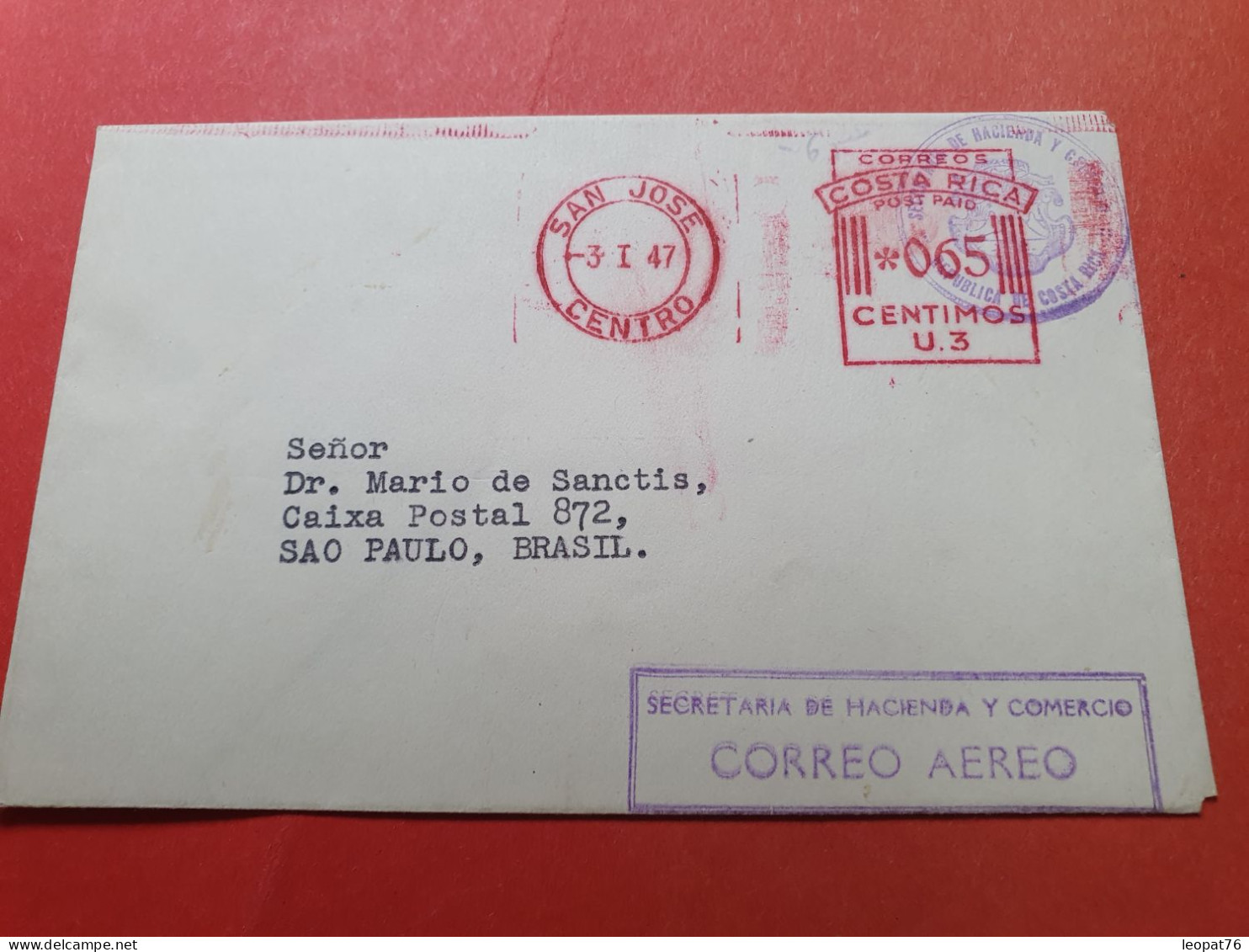 Costa Rica - Enveloppe De San José Pour Sao Paulo Par Avion En 1947 - Réf 3344 - Costa Rica