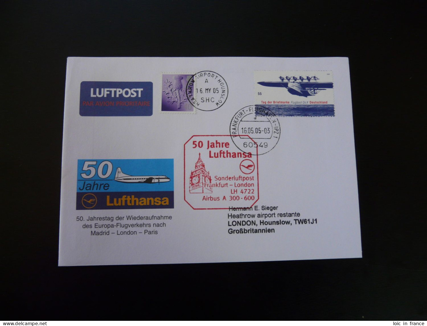 Lettre Vol Special Flight Cover Frankfurt London 50 Years Of Reopening Lufthansa 2005 - Cartas & Documentos