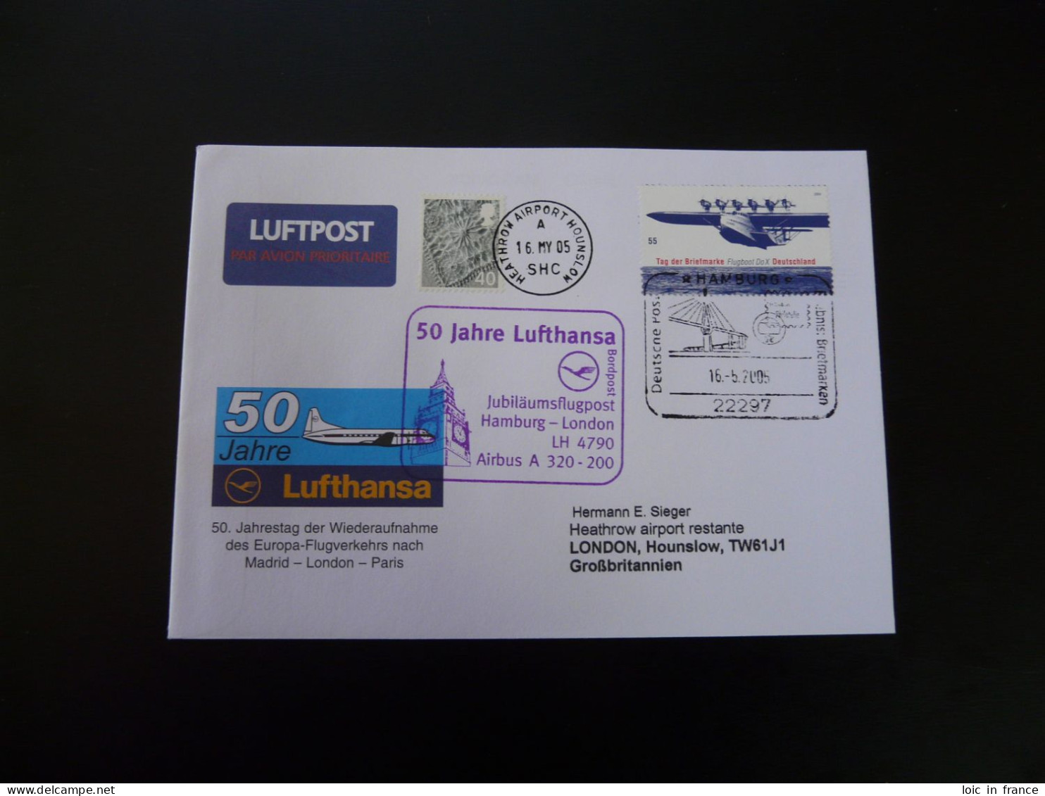 Lettre Vol Special Flight Cover Hamburg London 50 Years Of Reopening Lufthansa 2005 - Cartas & Documentos