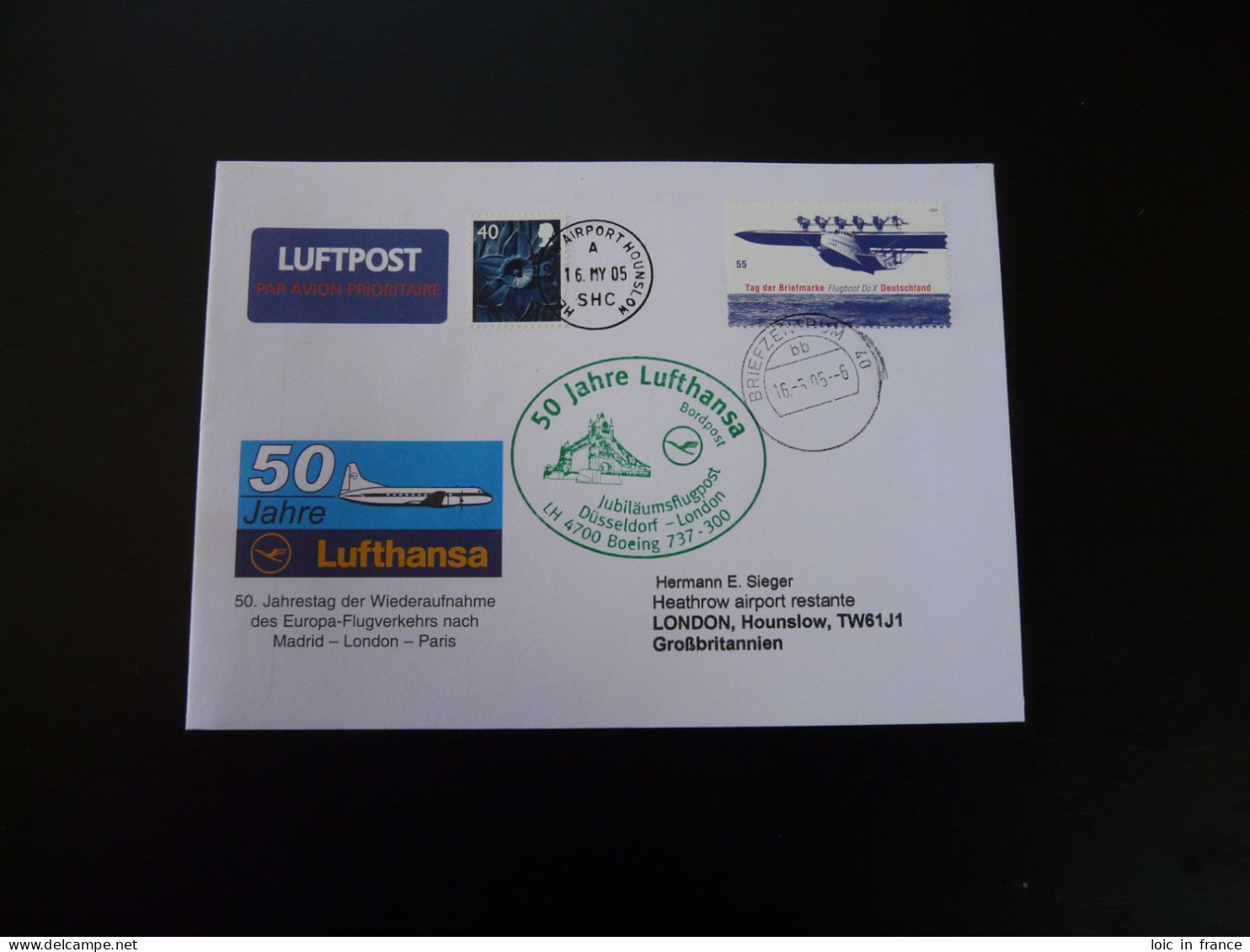 Lettre Vol Special Flight Cover Dusseldorf London 50 Years Of Reopening Lufthansa 2005 - Briefe U. Dokumente