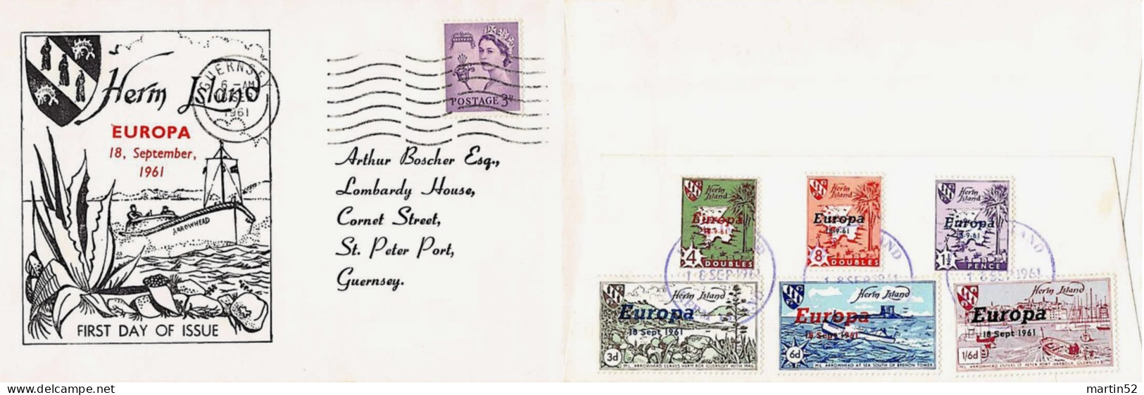 HERM ISLAND: "Europa 1961" 6 Values On FDC With Regional-stamp And Additional Postmark GUERNSEY 18. SEP.1961 - 1961