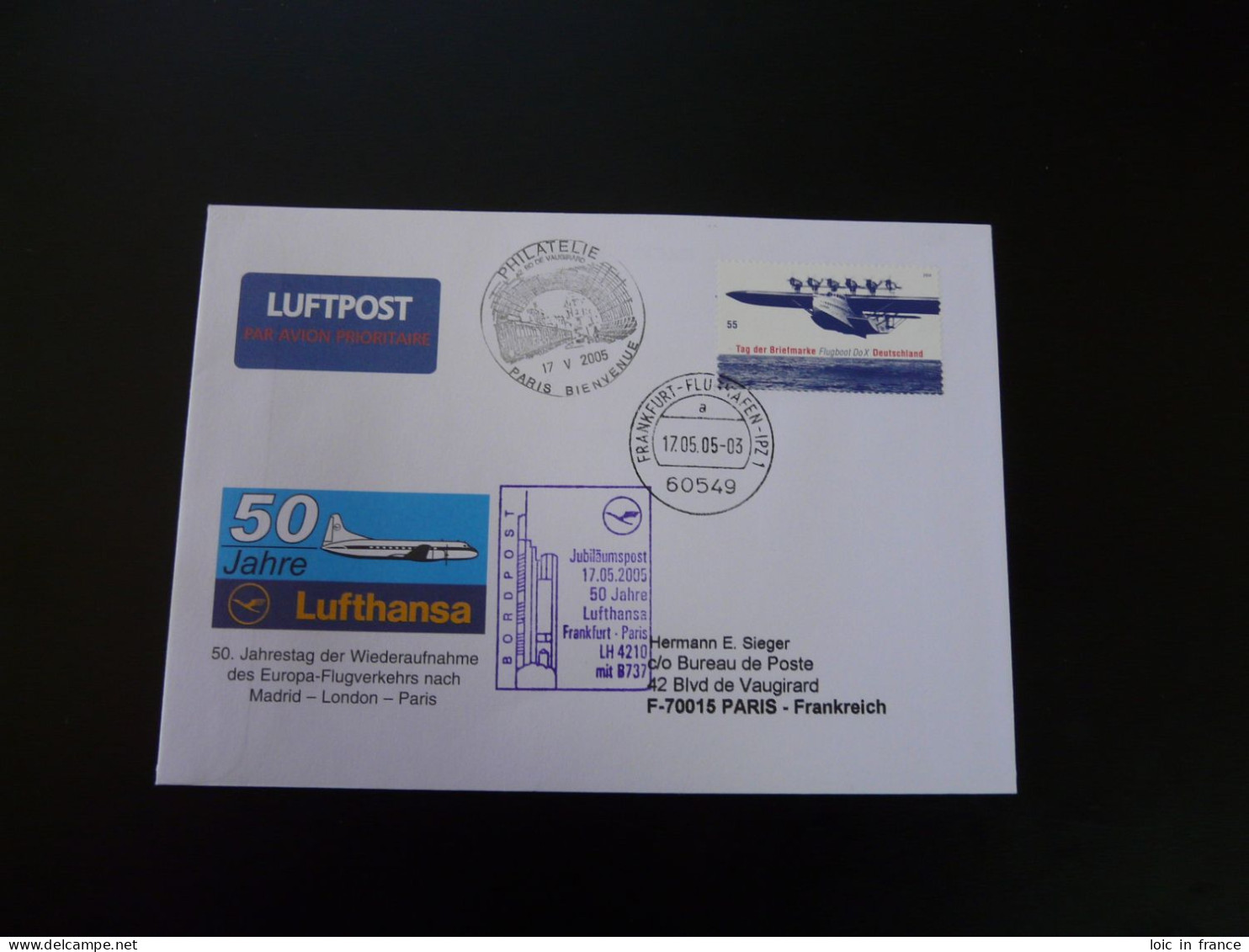 Lettre Vol Special Flight Cover Frankfurt Paris 50 Years Of Reopening Lufthansa 2005 - Briefe U. Dokumente