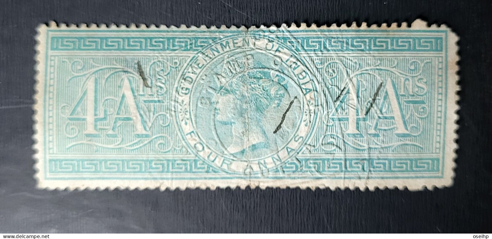 Timbre Vignette INDE Anglaise Government Of India 4 Four Annas Stamp Office Calcutta - Timbres De Service