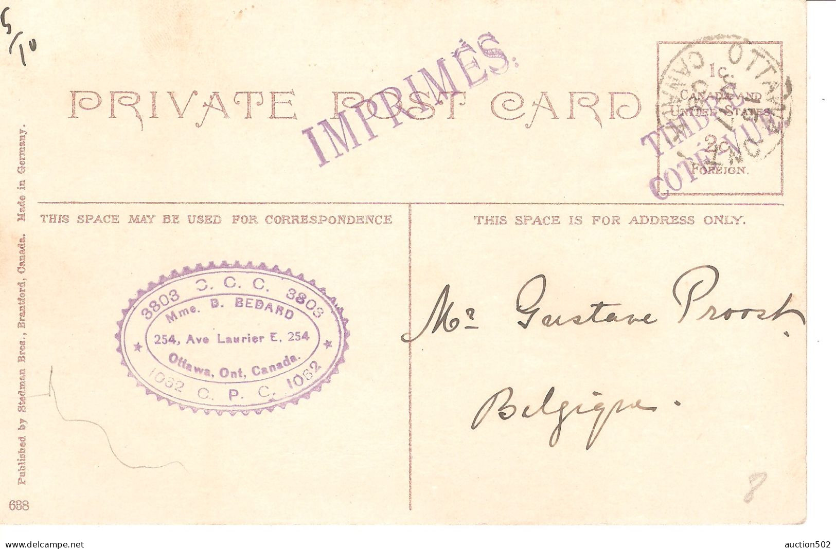 Canada PC Simpson Street Fort William Ontario Obl Ottawa 1908 > Belgique - Cartas & Documentos