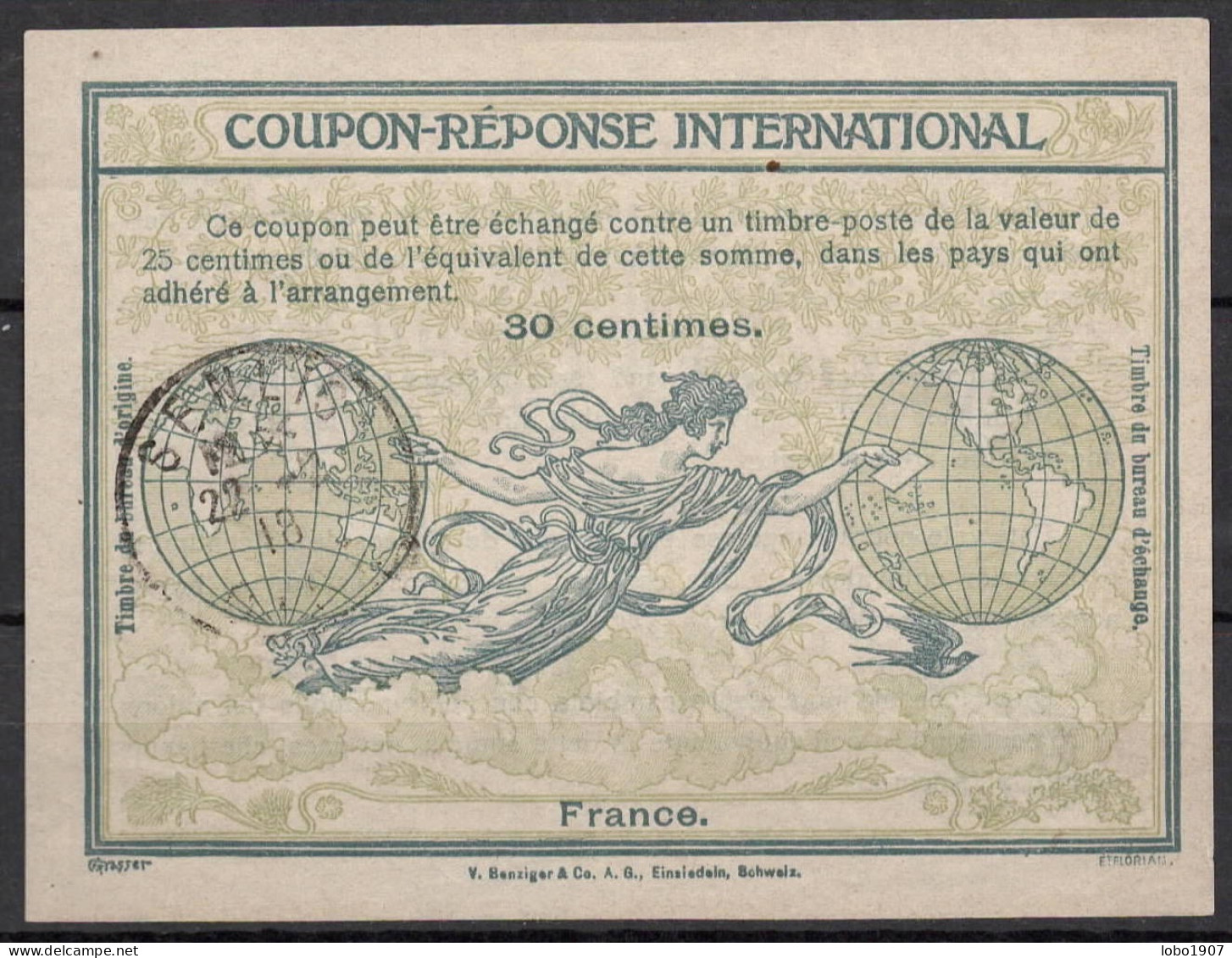 FRANCE  Ro4A  30c.  International Reply Coupon Reponse Antwortschein IRC IAS Cupon Respuesta O SENLIS 22.02.1918 - Reply Coupons