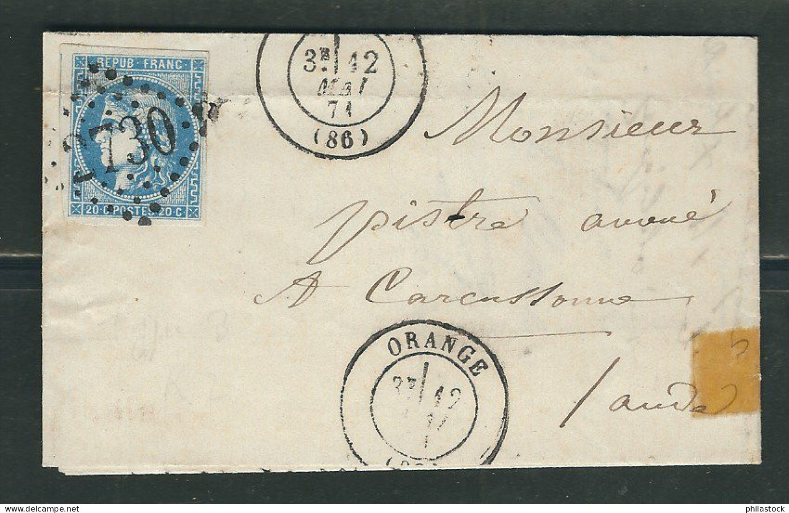 FRANCE 1871 N° 46 (pli) Obl. S/Lettre GC 2730 Orange Pour Carcassonne - 1870 Emission De Bordeaux