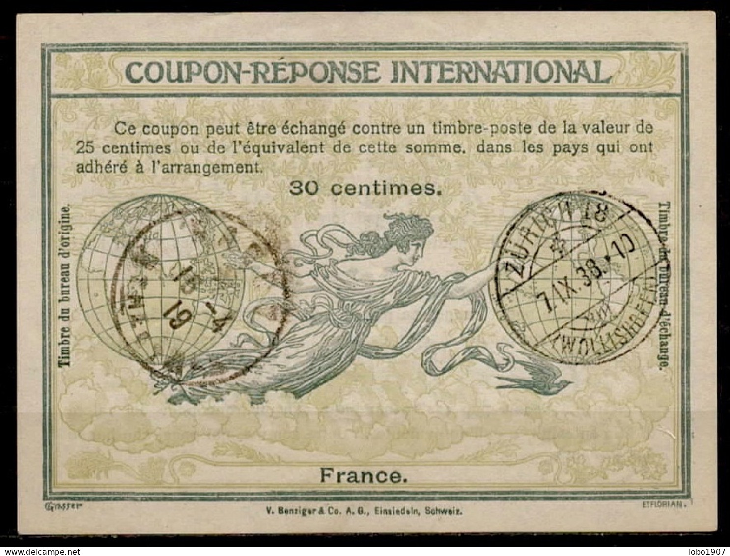 FRANCE  Ro4A  30c.  International Reply Coupon Reponse Antwortschein IRC IAS Cupon Respuesta O PARIS And Redeemed ZÜRICH - Coupons-réponse