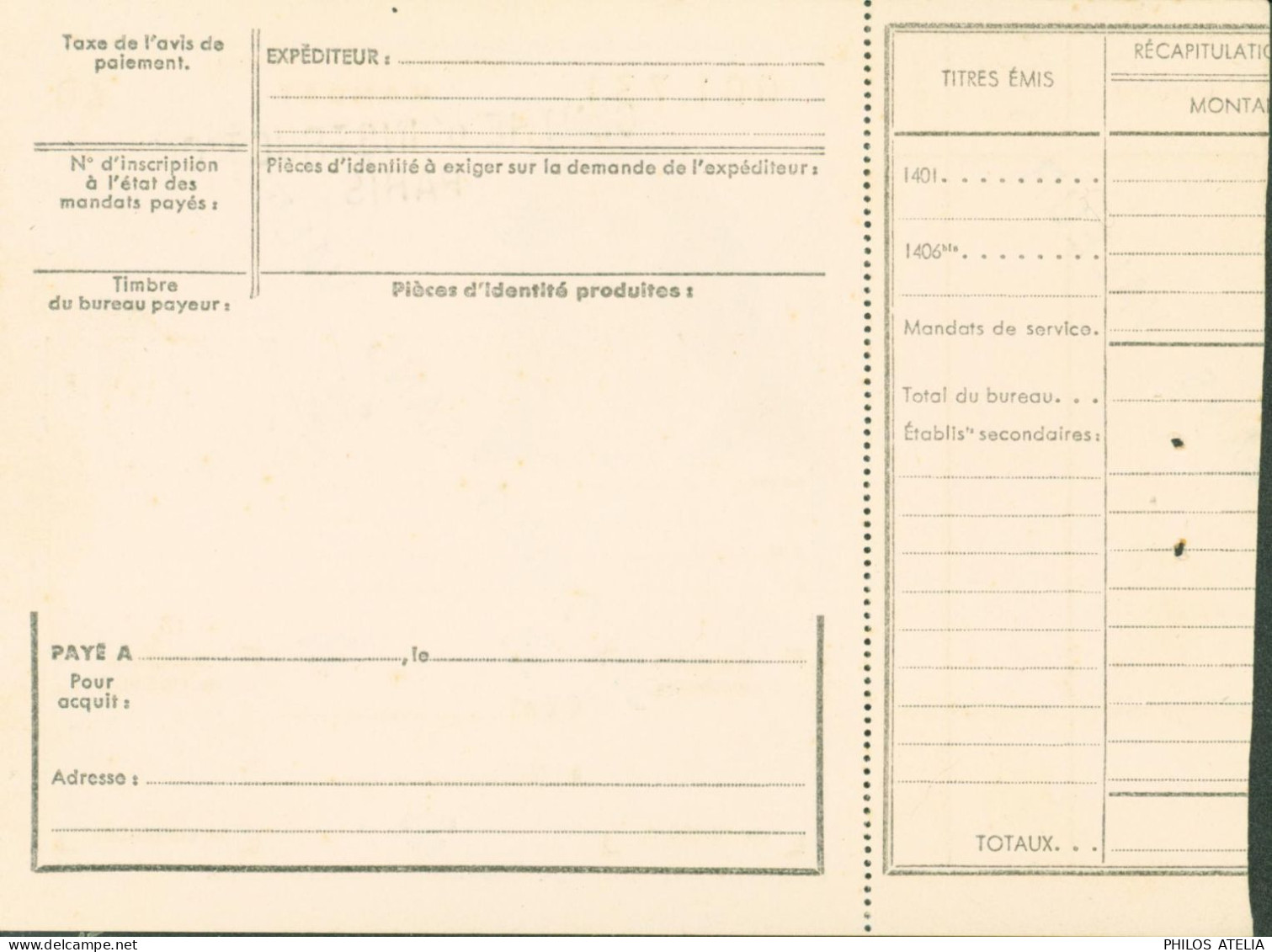 Mandat Poste Colbert Surchargé Specimen Sans Valeur Utilisé Pr Formation Des Postiers Centre Instruction Paris Fictif - Ficticios