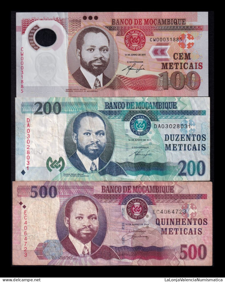 Mozambique Set 3 Billetes 100 200 500 Meticais 2006 2011 Pick 151a 152a 147 Mbc/+ Vf/+ - Mozambique