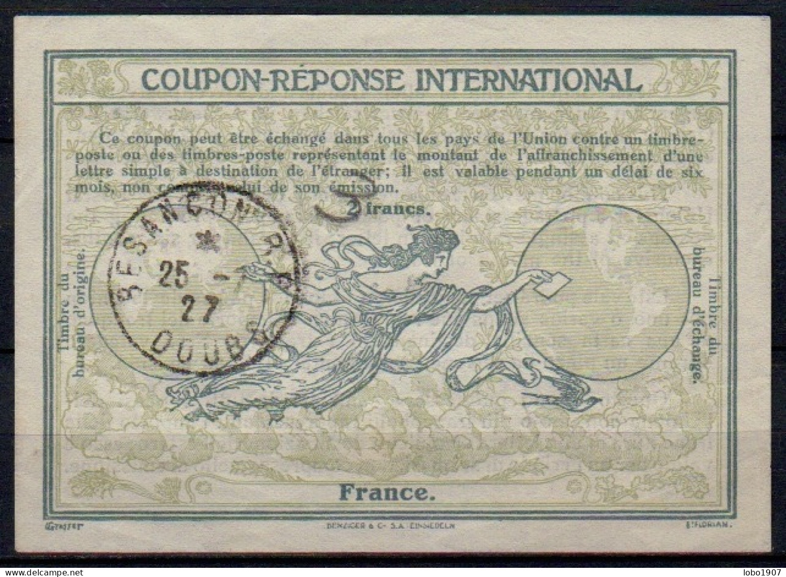 FRANCE  Ro8  3 / 2 Francs.  International Reply Coupon Reponse Antwortschein IRC IAS Cupon Respuesta O BESANÇON DOUBS 25 - Antwortscheine