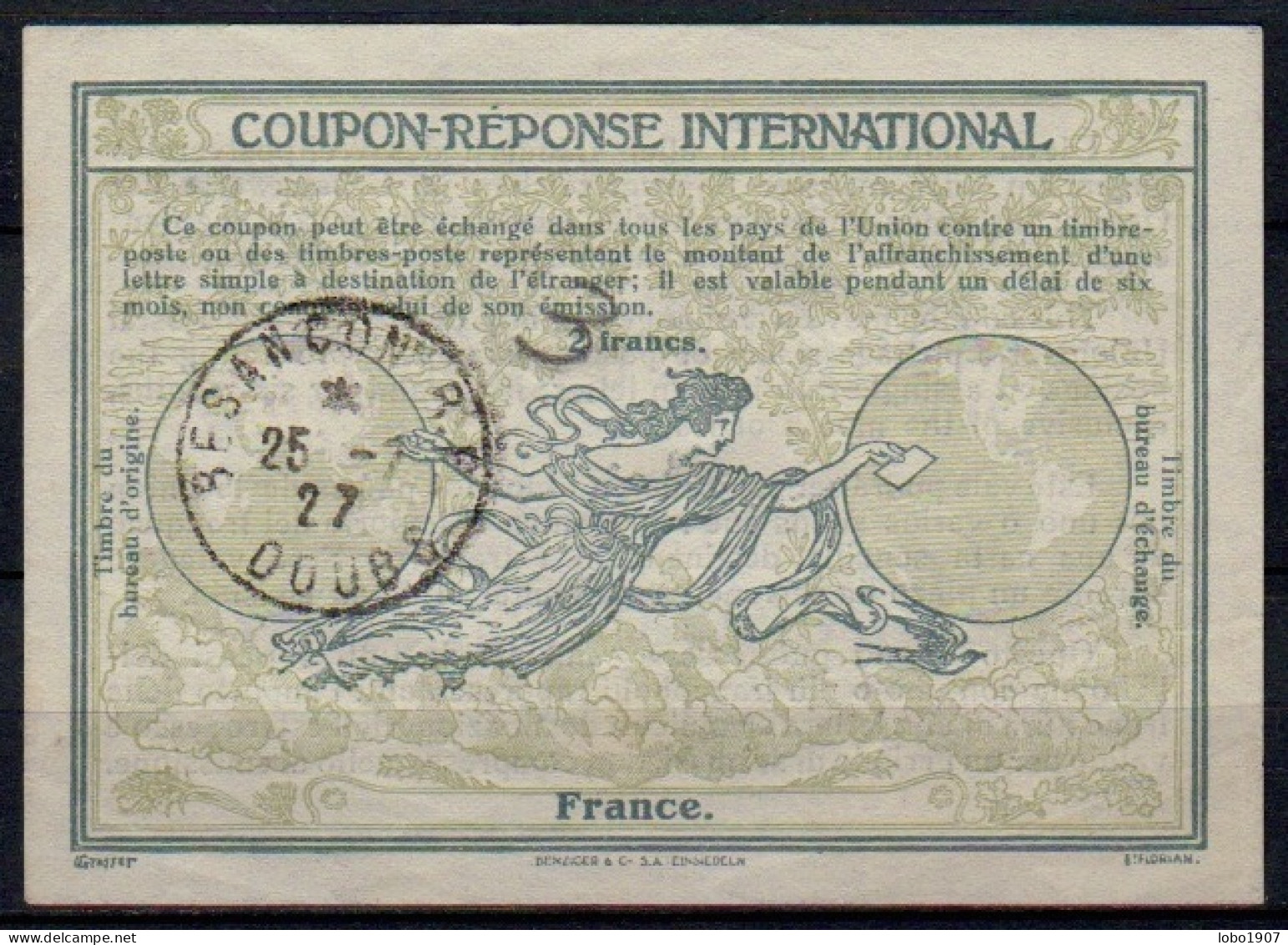 FRANCE  Ro8  3 / 2 Francs.  International Reply Coupon Reponse Antwortschein IRC IAS Cupon Respuesta O BESANÇON DOUBS 25 - Antwoordbons