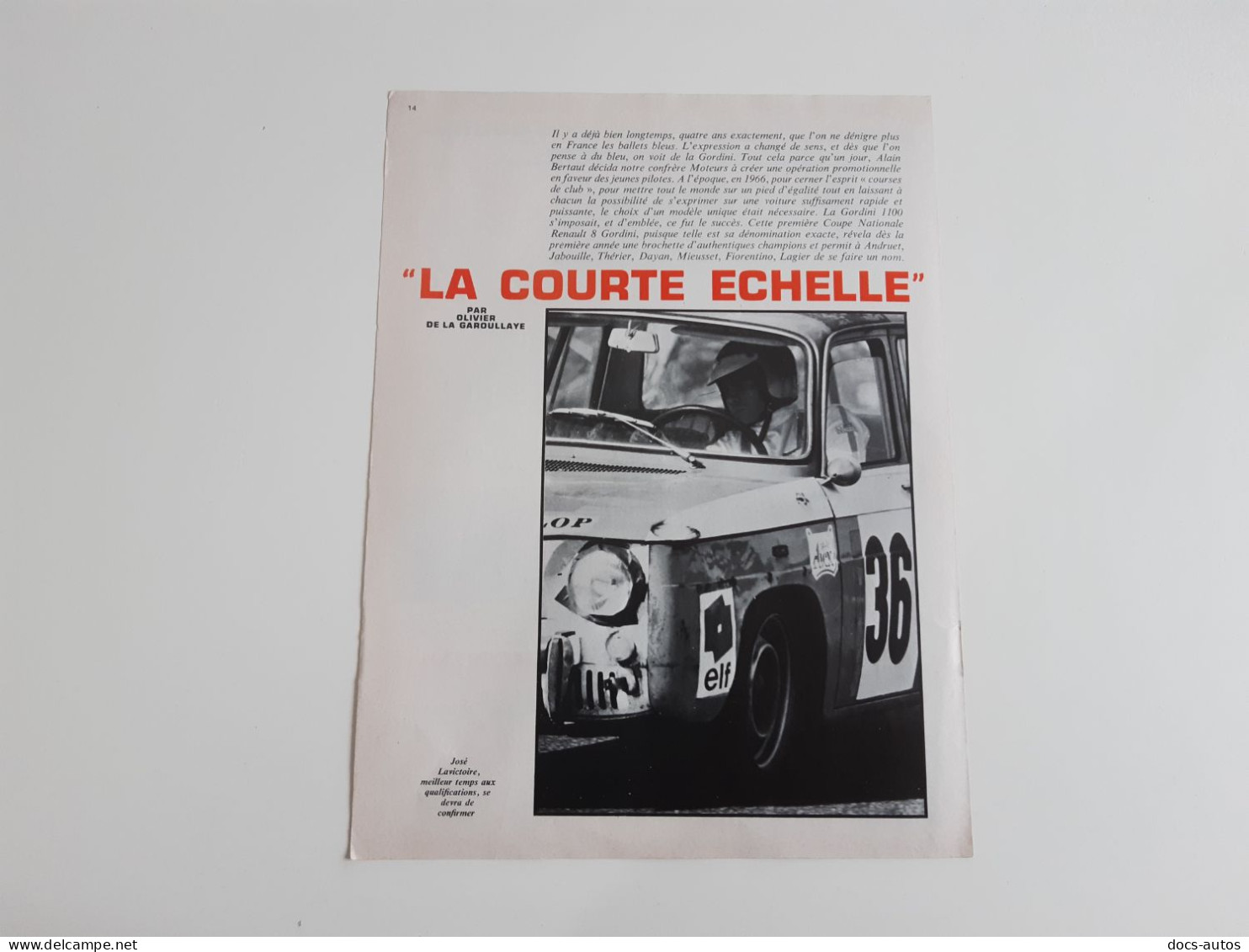 Coupure De Presse Automobile Coupe Nationale Renault 8 Gordini - Otros & Sin Clasificación