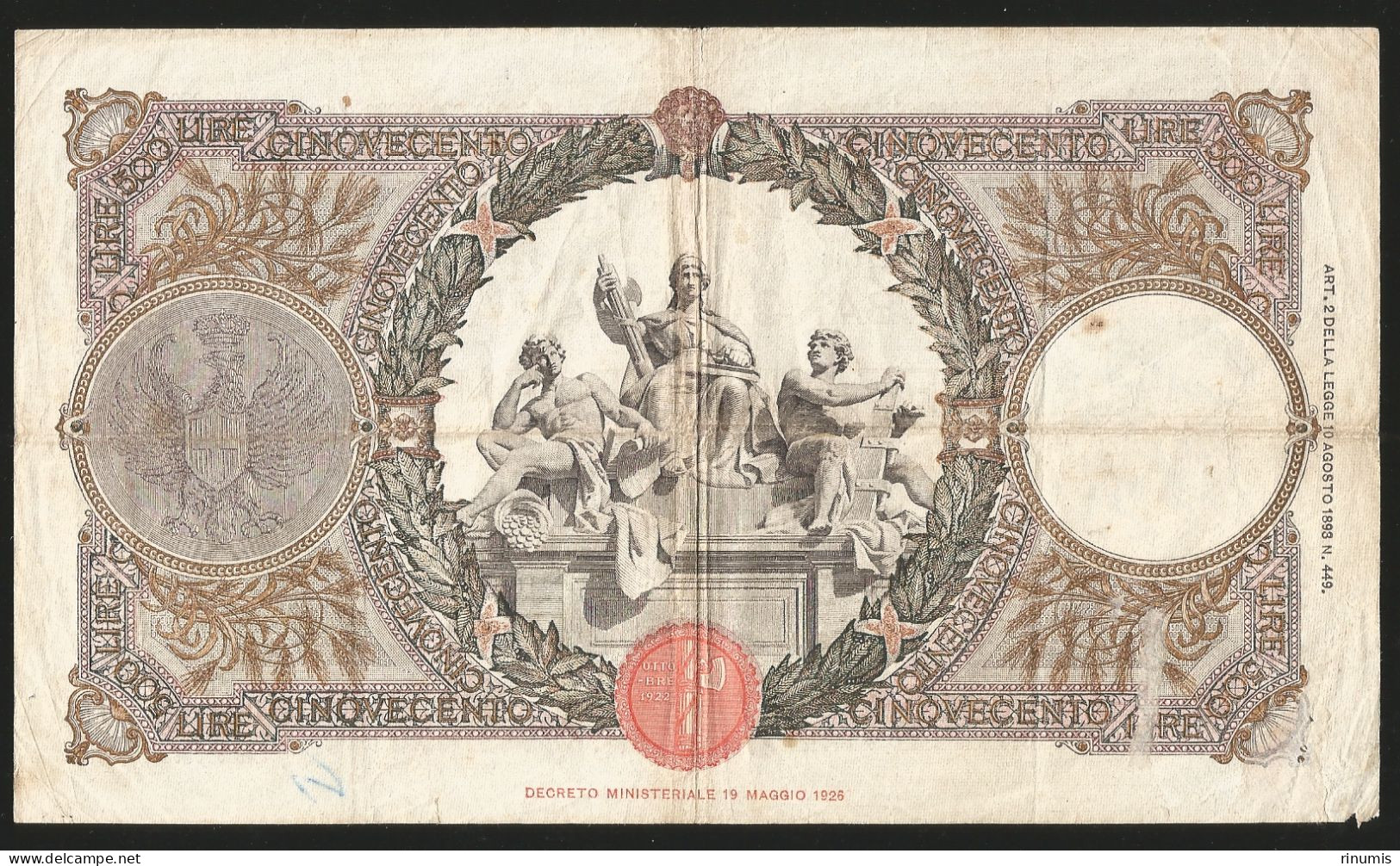 Italy 500 Lire 16.08.1939 Large Size Banknote - 500 Liras