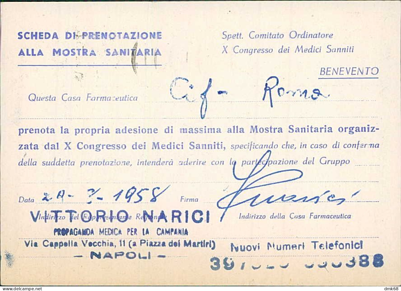 BENEVENTO - SOCIETA MEDICO SANNITA CHIRURGICA SANNITA - X CONGRESSO DEI MEDICI SANNITI - SCHEDA PRENOTAZIONE 1958 (19661 - Benevento