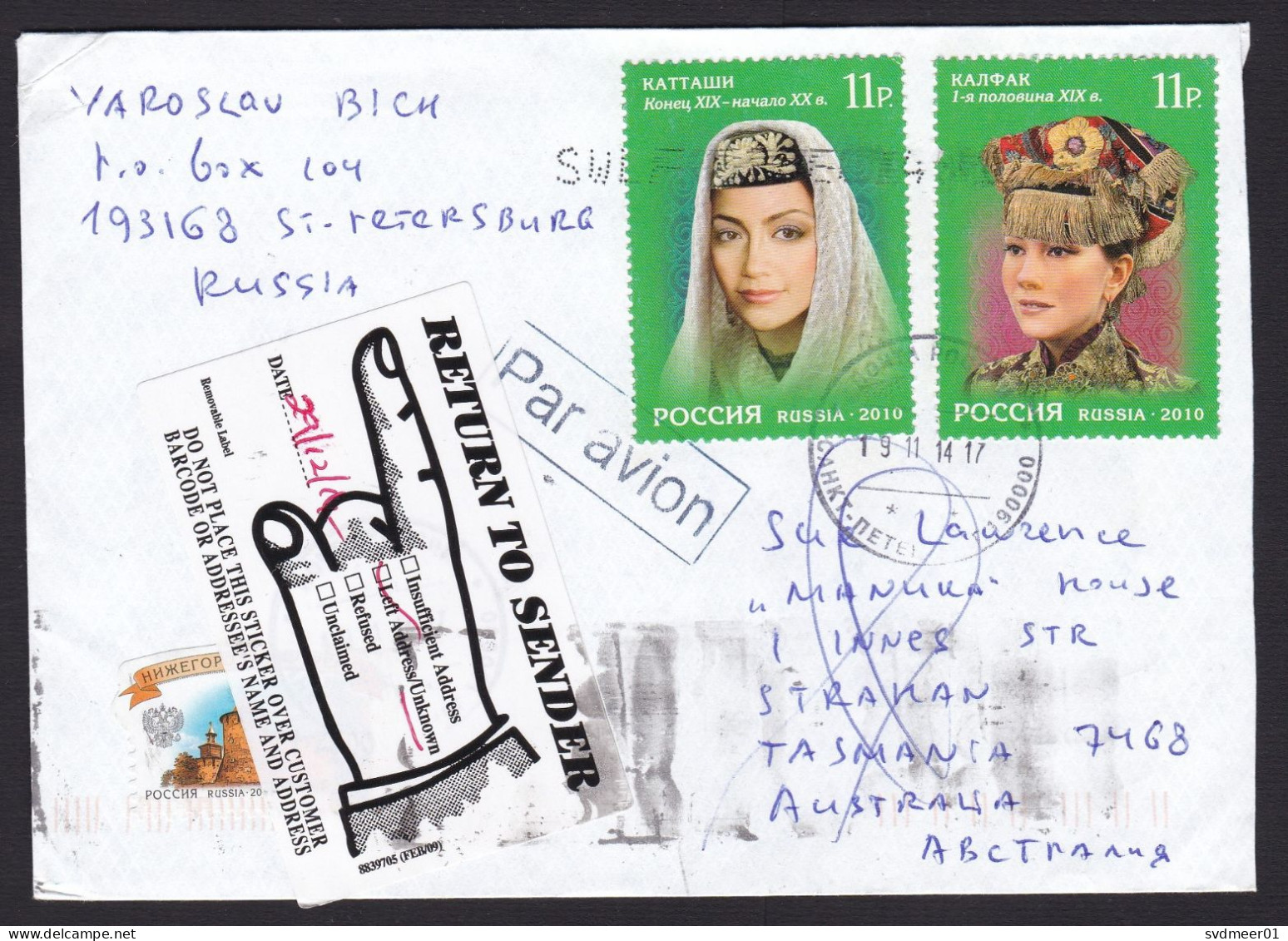 Russia: Cover To Australia, 2014, 3 Stamps, Lady, Woman, Female Dress, Returned, Finger Retour Label (cancel Stains) - Cartas & Documentos