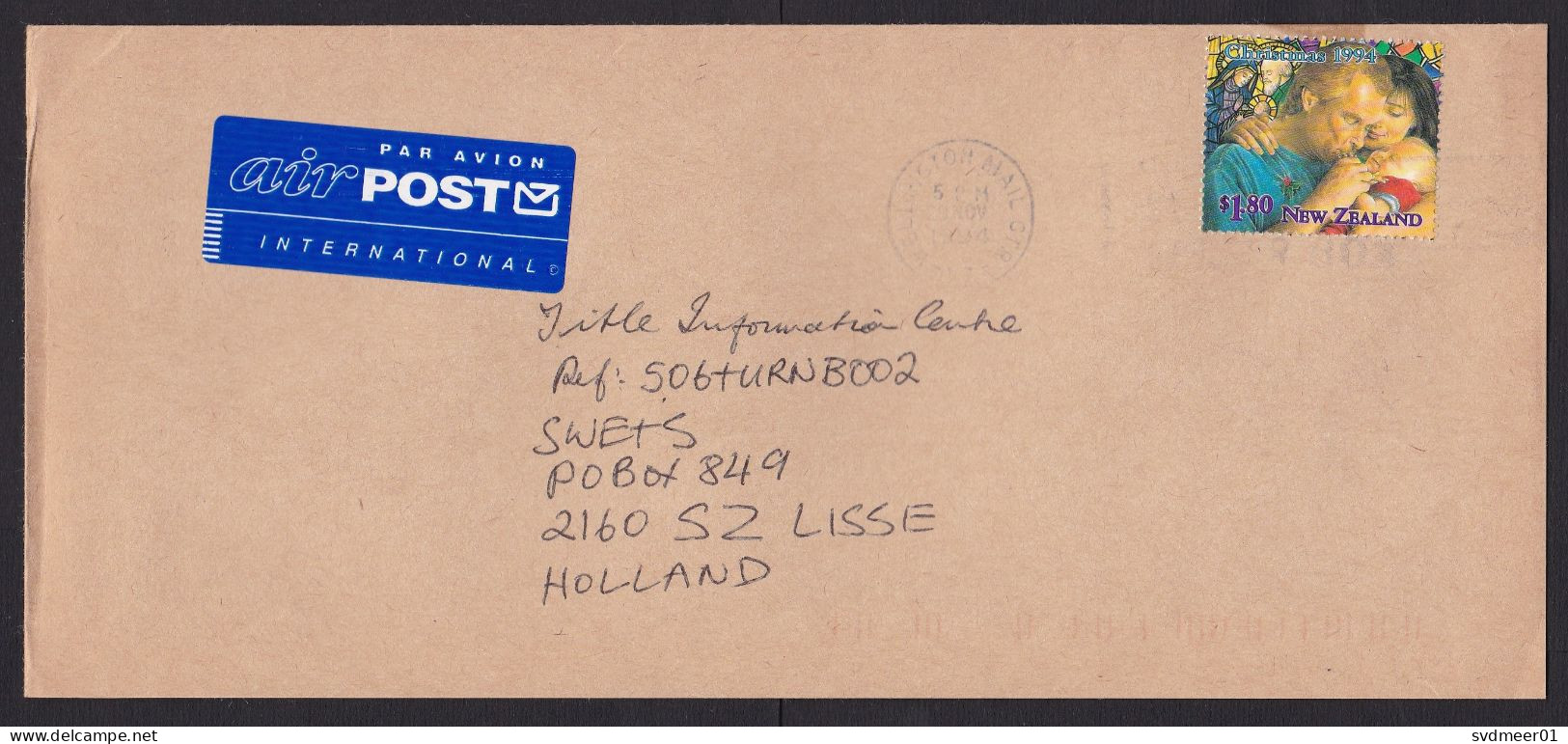 New Zealand: Airmail Cover To Netherlands, 1994, 1 Stamp, Christmas, Airpost Label (tape At Back) - Covers & Documents