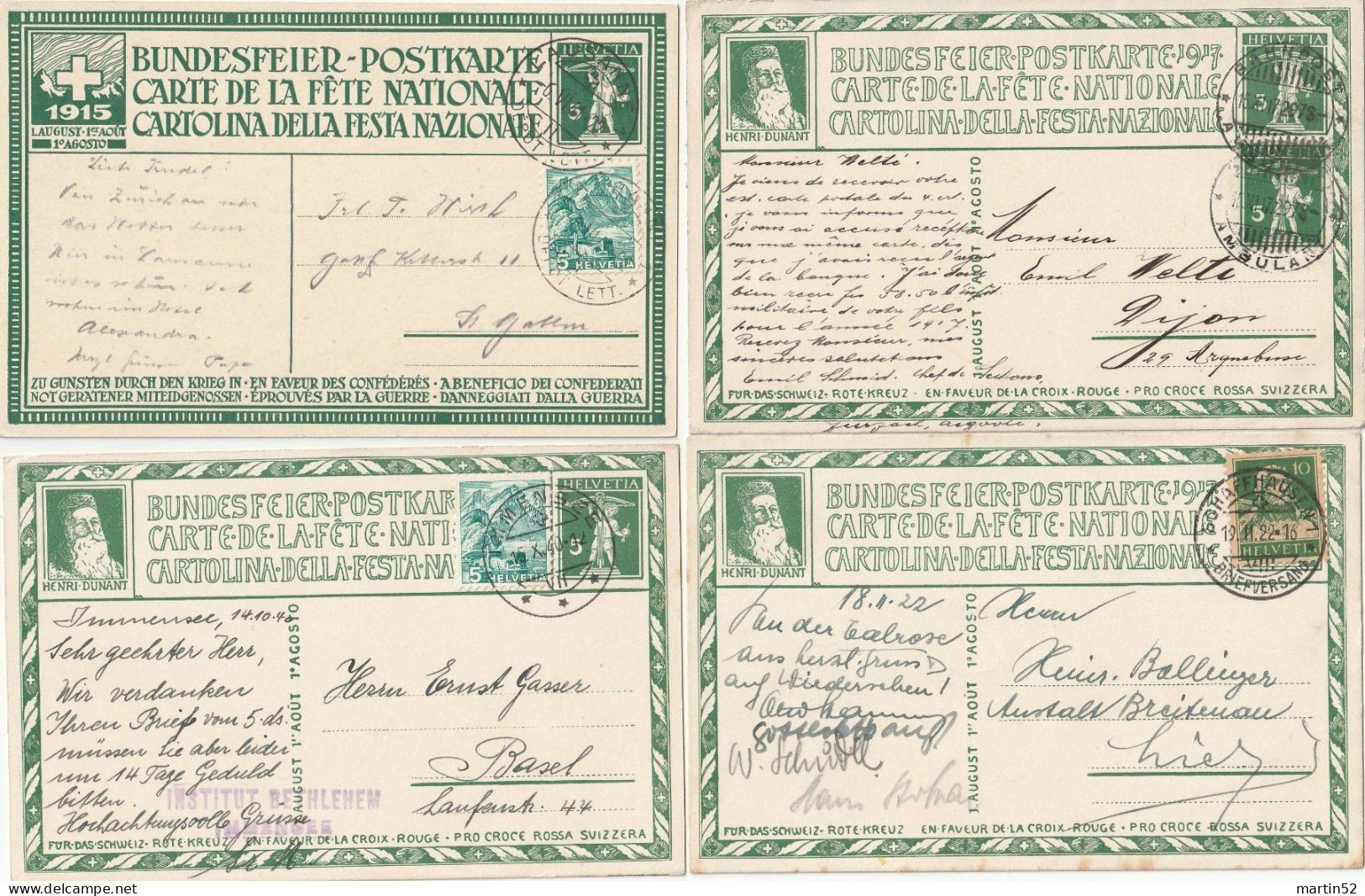 Schweiz Suisse Pro Patria 1915/17: BFK N° 13+16+17+19 (Dunant) + Zusatz Mit ⊙ Von 1917-1941 (Zu CHF 30.00) - Storia Postale