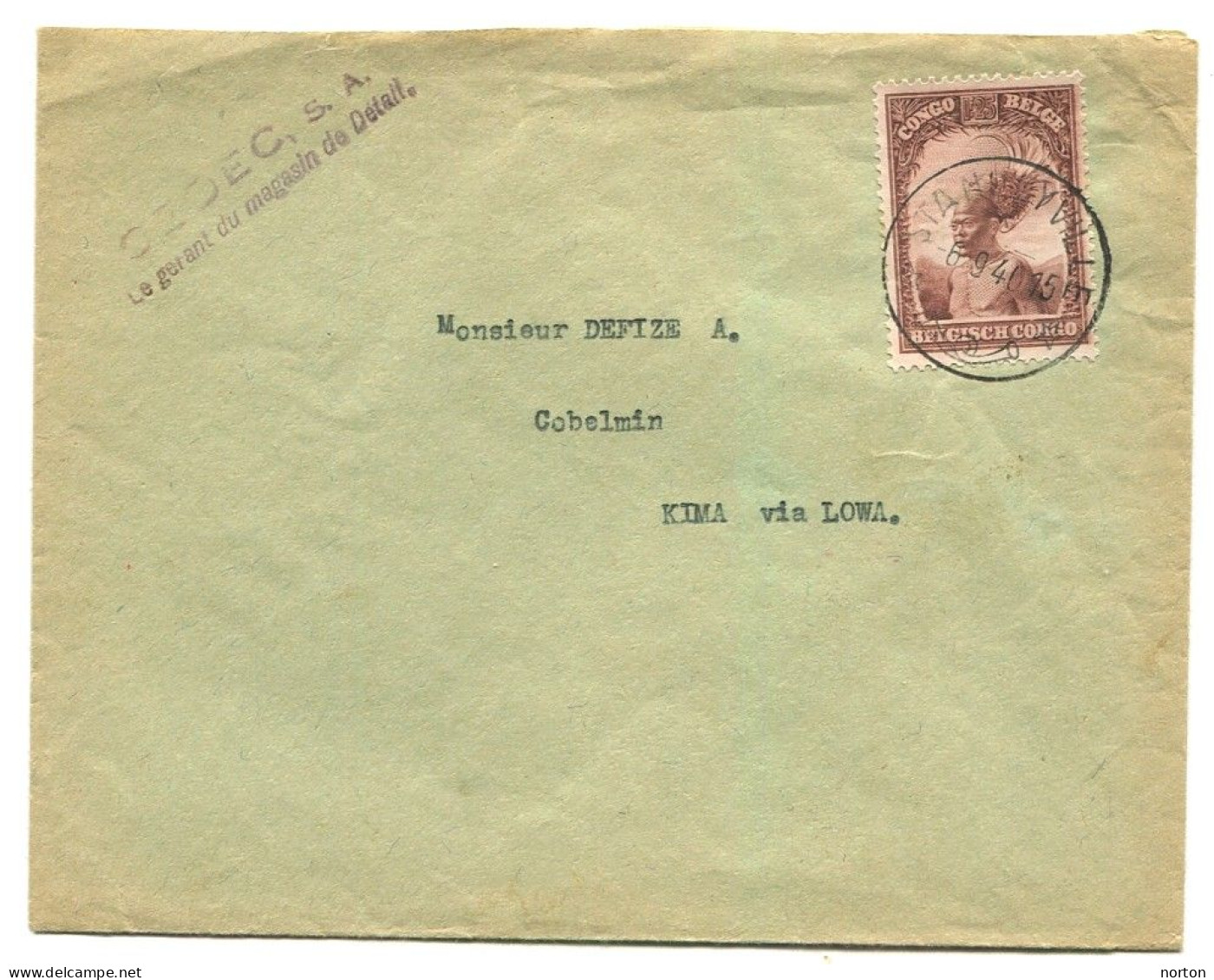 Congo Stanleyville  Oblit. Keach 8A6 Sur C.O.B. 177 Sur Lettre Vers Kima Via Lowa Le 06/09/1940 - Storia Postale