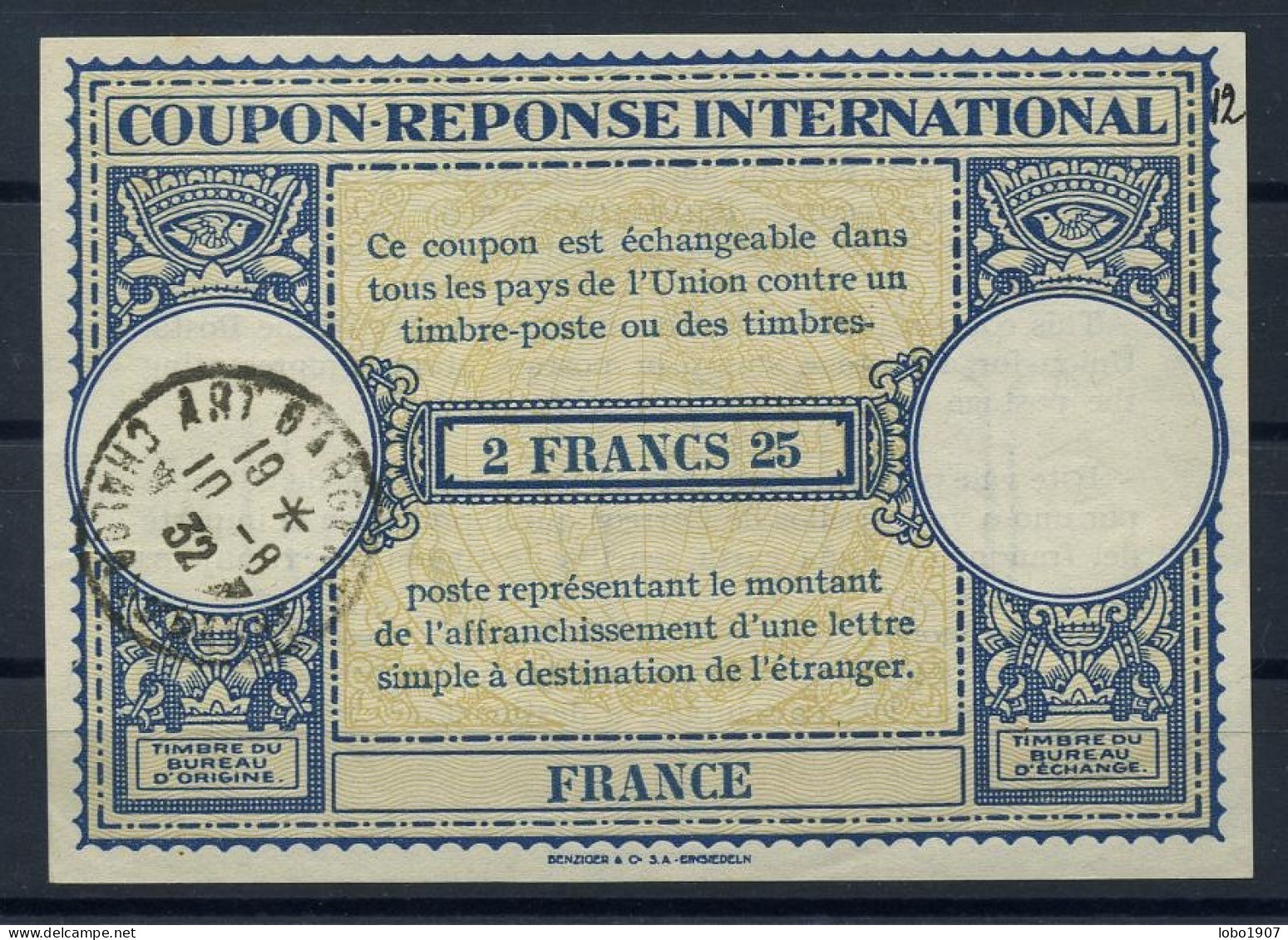 FRANCE  Lo9  2 FRANCS 25  International Reply Coupon Reponse Antwortschein IRC IAS Cupon Respuesta O CHALON 10.08.32 - Coupons-réponse