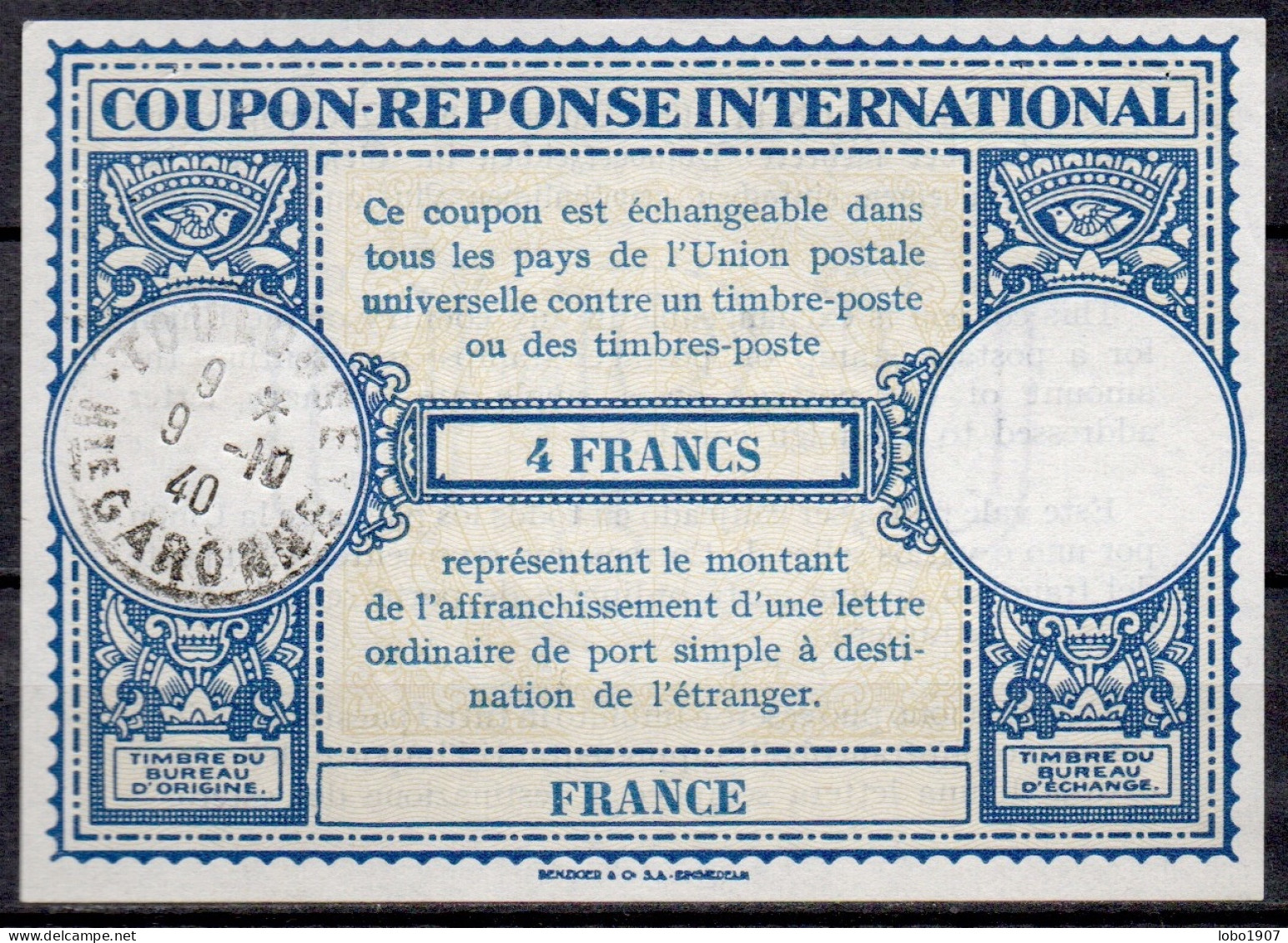 FRANCE  Rare Type Lo13ap  4 FRANCS  International Reply Coupon Reponse Antwortschein IRC IAS Cupon Respuesta O TOULOUSE - Coupons-réponse