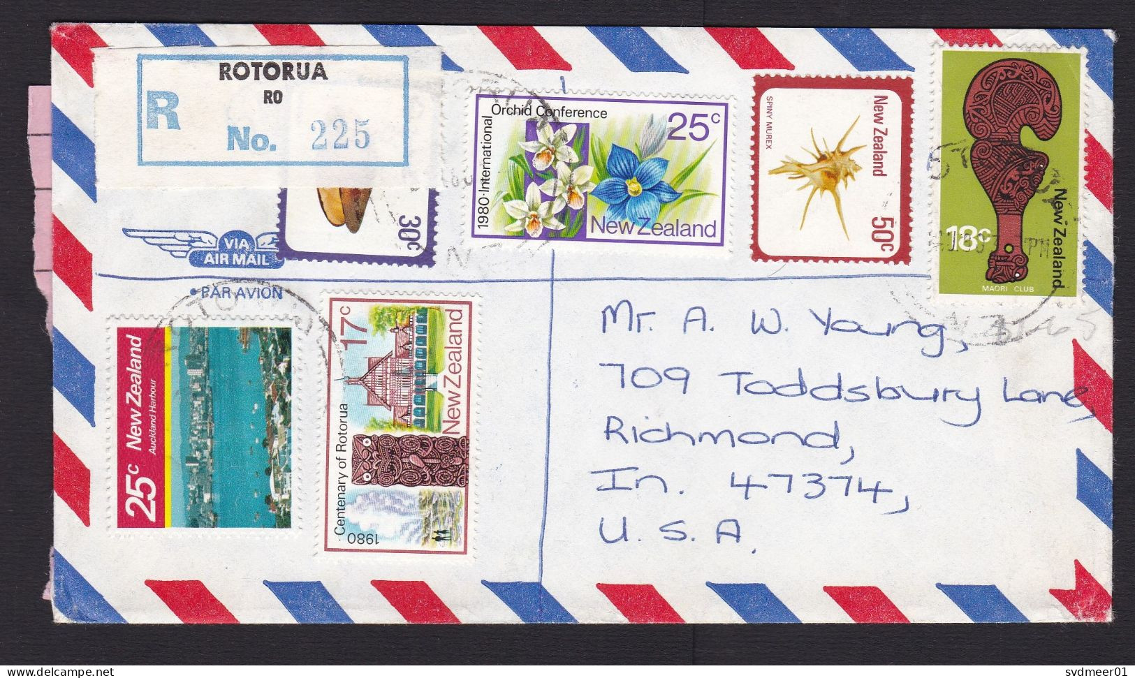 New Zealand: Registered Cover To USA, 1983, 6 Stamps, Flower, Shell, Heritage, C1 Customs Label, Rotorua (traces Of Use) - Storia Postale