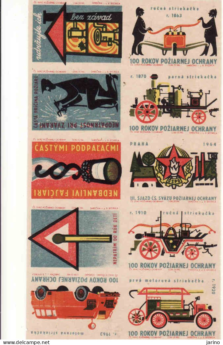 Slovakia - 10 Matchbox Labels - Fire Protection, 100 Years Of Fire Protection, Fire Engines, Hand Syringes - Boites D'allumettes - Etiquettes