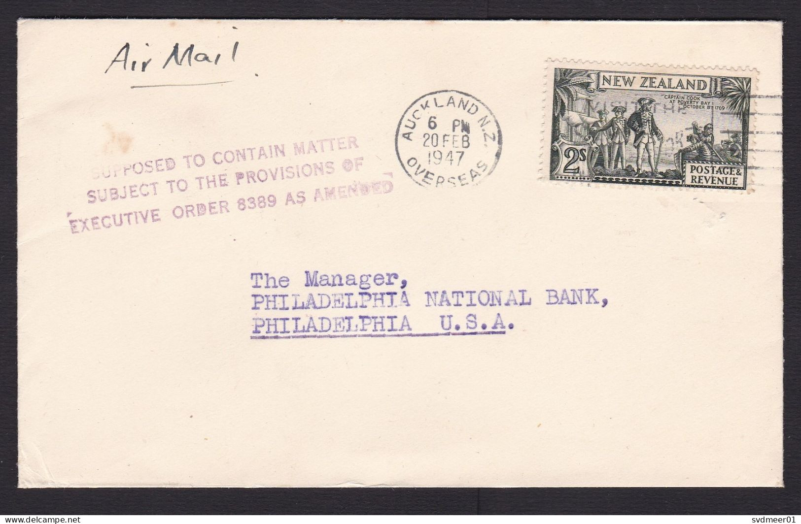 New Zealand: Airmail Cover To USA, 1947, 1 Stamp, Explorer, Postal Cancel Supposed To Contain, From Bank (minor Damage) - Lettres & Documents