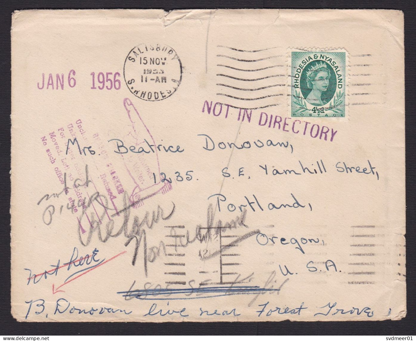 Rhodesia & Nyasaland: Cover To USA, 1955, 1 Stamp, Forwarded, Returned, Finger Retour Cancel (minor Damage) - Rodesia & Nyasaland (1954-1963)