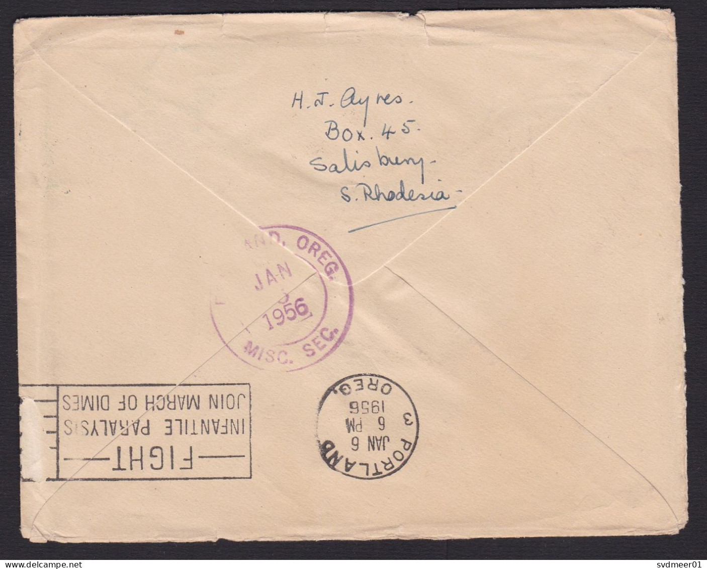 Rhodesia & Nyasaland: Cover To USA, 1955, 1 Stamp, Forwarded, Returned, Finger Retour Cancel (minor Damage) - Rhodesia & Nyasaland (1954-1963)