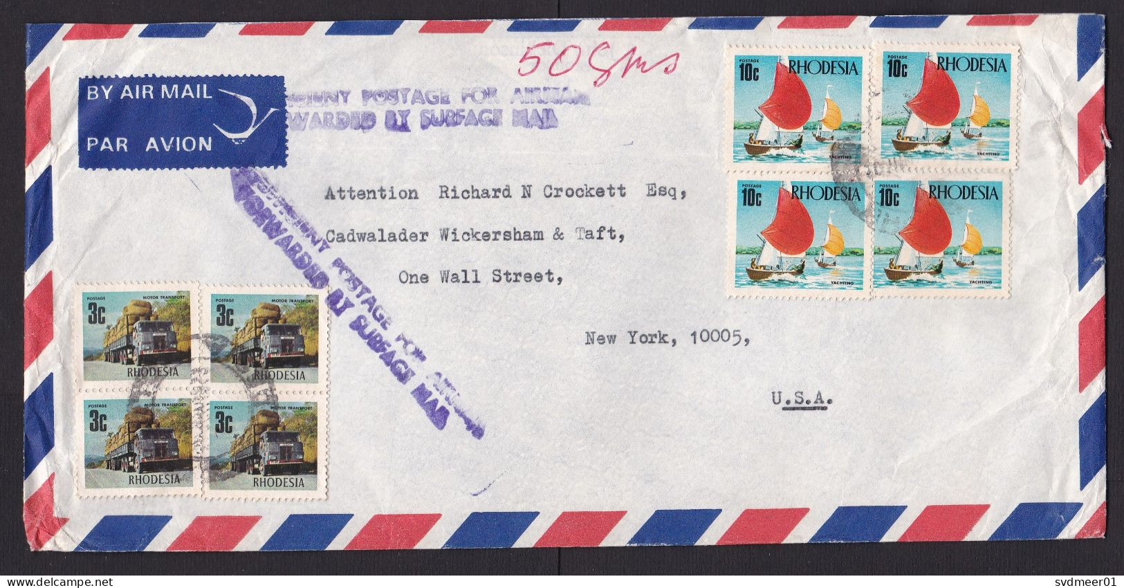 Rhodesia: Airmail Cover To USA, 8 Stamps, Truck, Car, Ship, Cancel Insufficient Postage For Airmail (minor Damage) - Rhodesia (1964-1980)