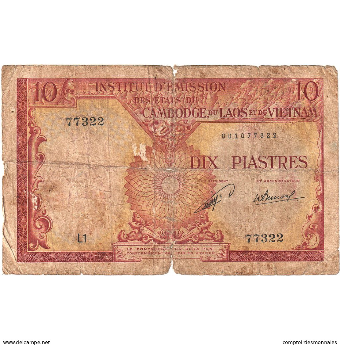 Indochine Française, 10 Piastres = 10 Kip, Undated (1953), KM:102, B+ - Indochine