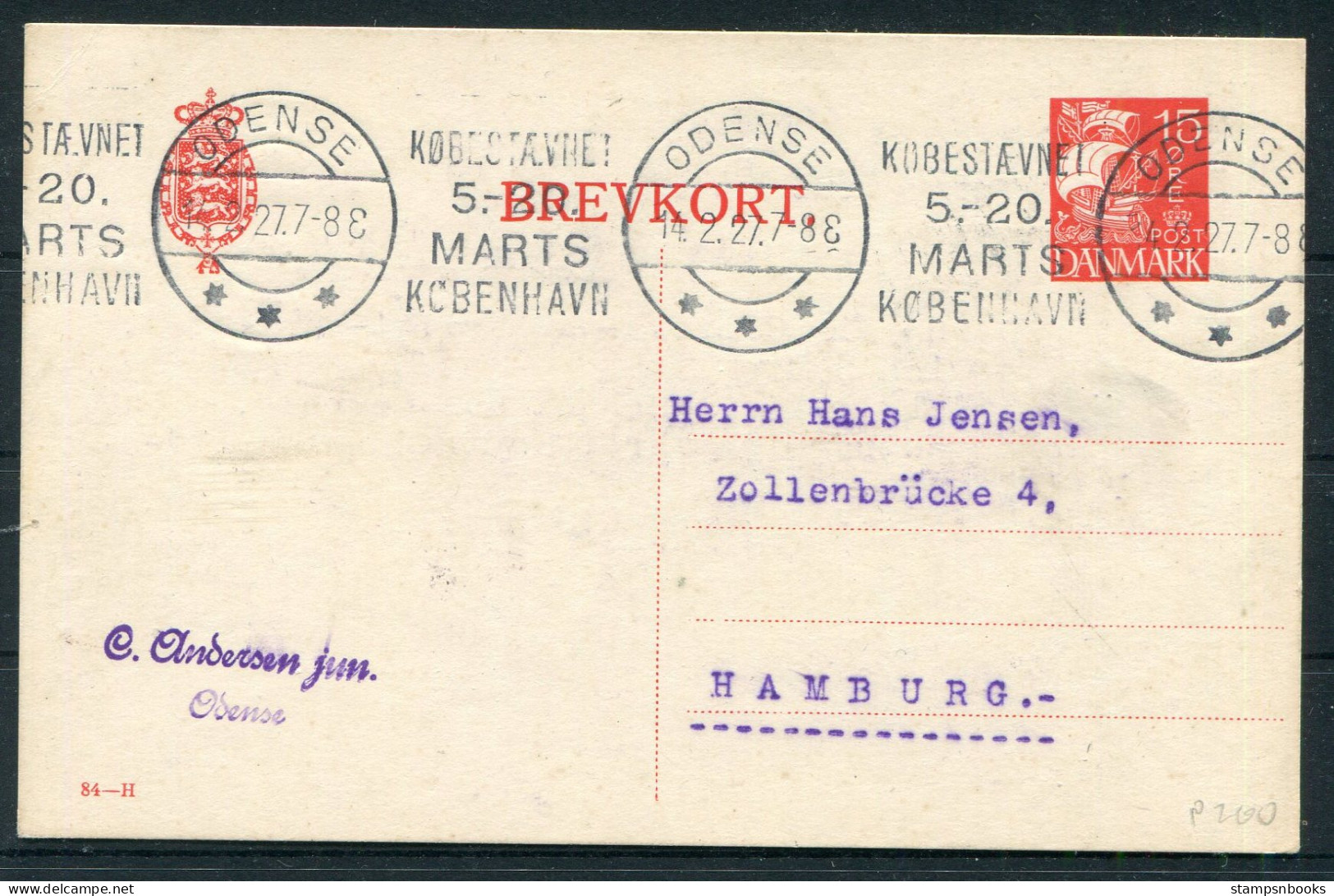 1927 Denmark 15ore Red (84 - H) Brevkort, Stationery Postcard Odense - Hamburg Germany - Lettres & Documents