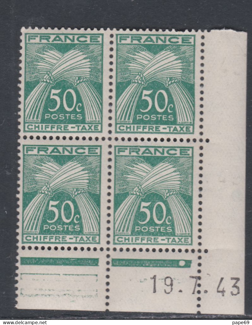 France Timbres-Taxe N° 69 XX Type Gerbes : 50 C. En Bloc De 4 Coin Daté Du 19 .7. 43 ; 1 Point Blanc, Sane  Charnière TB - Postage Due