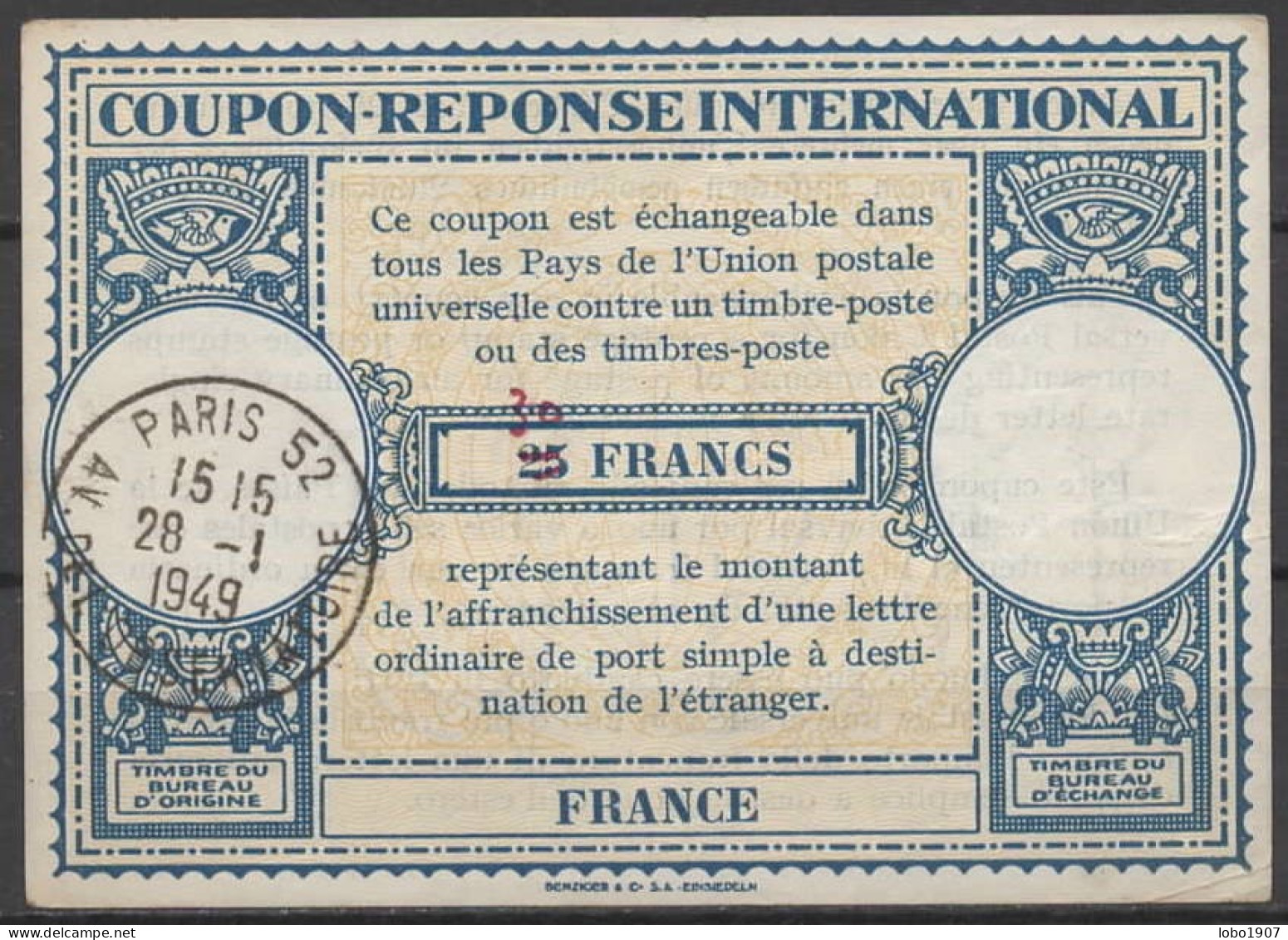 FRANCE  Lo14o  30 / 25 FRANCS  International Reply Coupon Reponse Antwortschein IRC IAS O PARIS 52 AV. DE L'OBSERVATOIRE - Reply Coupons