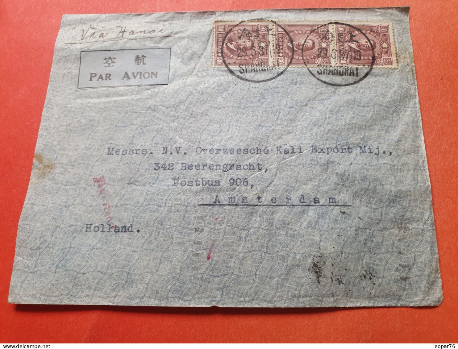 Chine - Enveloppe De Shanghai Pour Les Pays Bas En 1937 Via Canton  Et Hanoi - Réf 3355 - 1912-1949 Republic