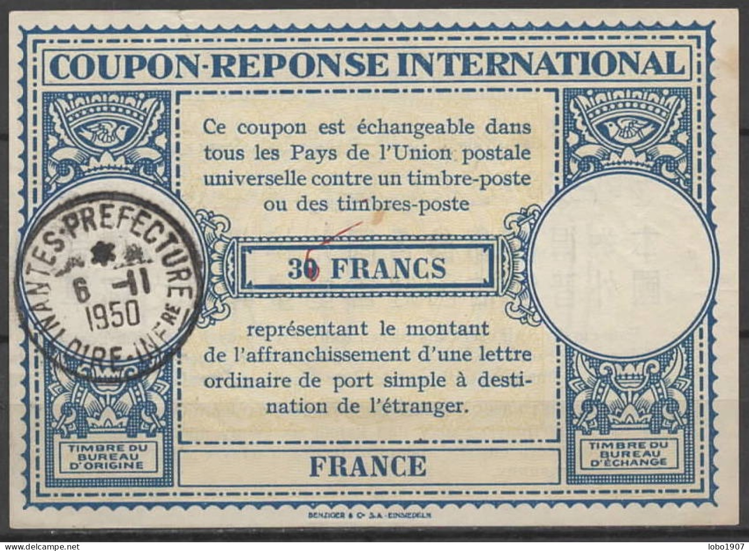 FRANCE Lo15 35 / 30 FRANCS International Reply Coupon Reponse Antwortschein IRC IAS O NANTES PREFECTURE 06.11.50 - Antwoordbons