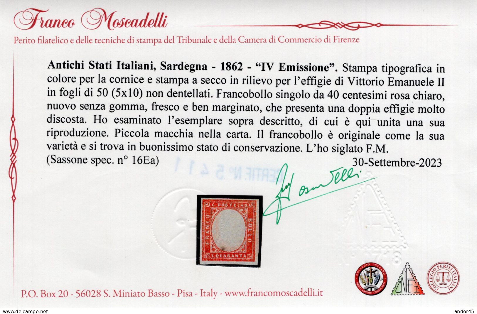 IV EMISSIONE C.40 SASS 16Ea (*) NUOVO SENZA GOMMA CON OTTIMI MARGINI CON DOPPIA IMMAGINE BEN DISCOSTA CERTIFICATO MOSCAD - Sardaigne