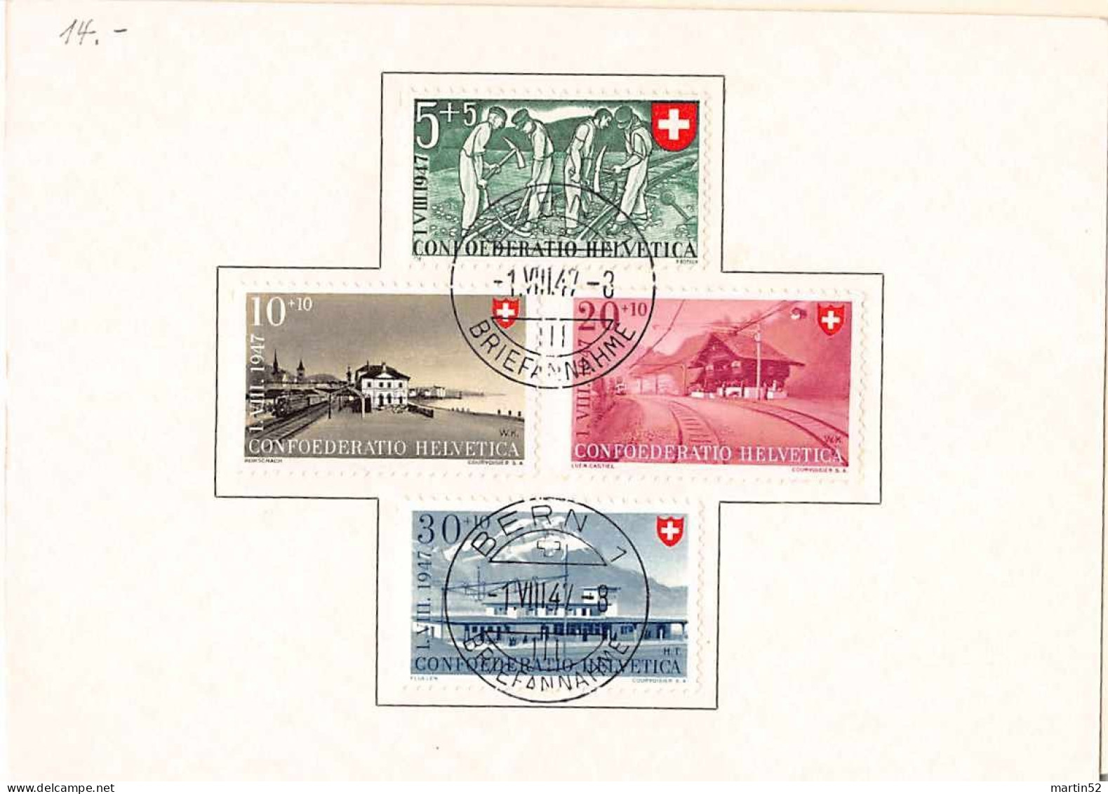 Schweiz Suisse Pro Patria 1947: Folder Mit Zu WII 34-37 Mi 480-483 Yv 437-440 Mit ⊙ BERN 1.VIII.47 (Zu CHF 45.00) - Briefe U. Dokumente