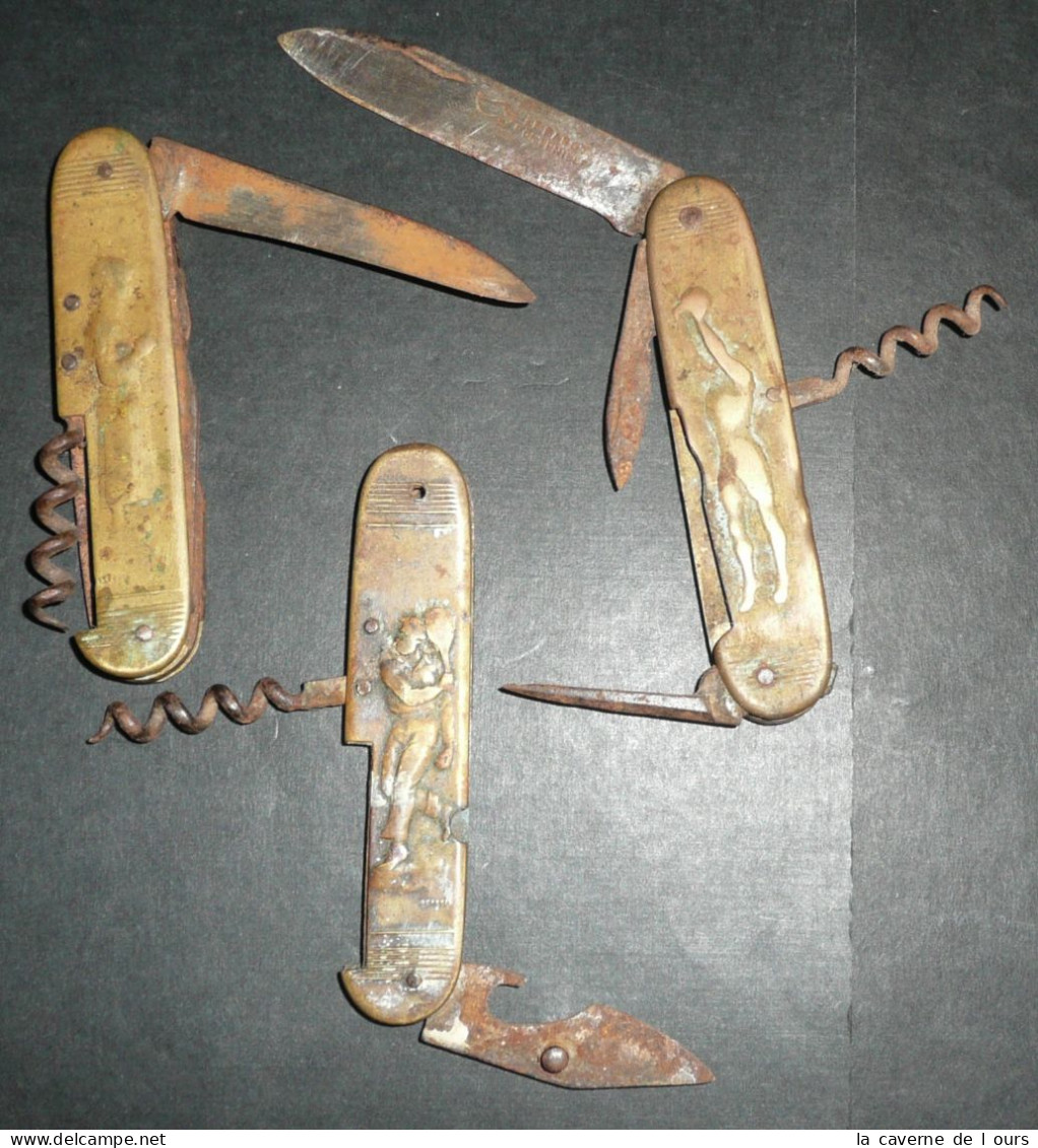 Pour Pièces/à Restaurer, 3 Couteaux Laiton Embouti Sabot Fontenille Coursolle - Strumenti Antichi