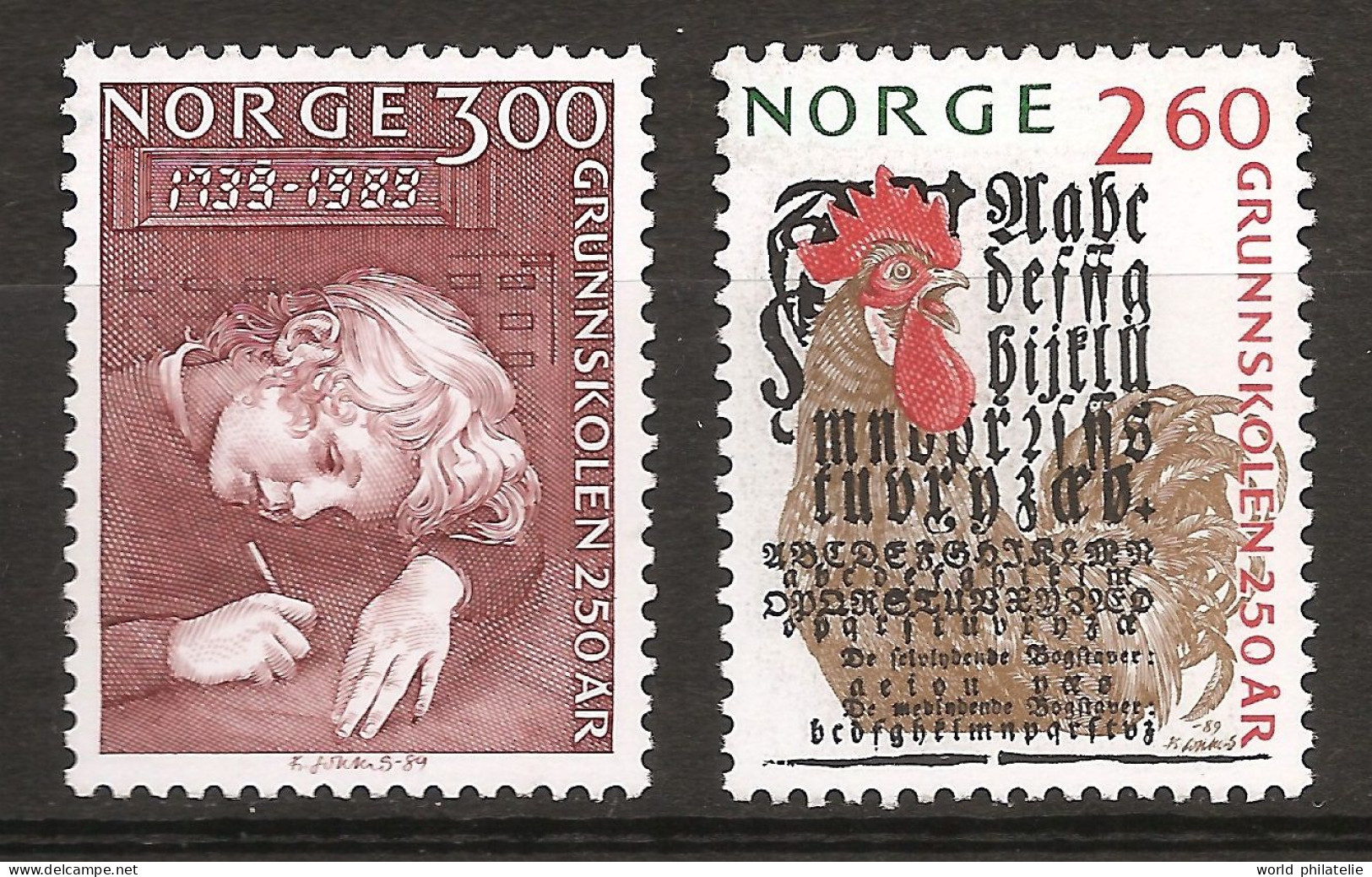 Norvège Norge 1989 N° 978 / 9 ** Ecole Primaire, Page De Couverture, Abécédaire, Coq, Poule Ecriture Calligraphie Crayon - Ungebraucht