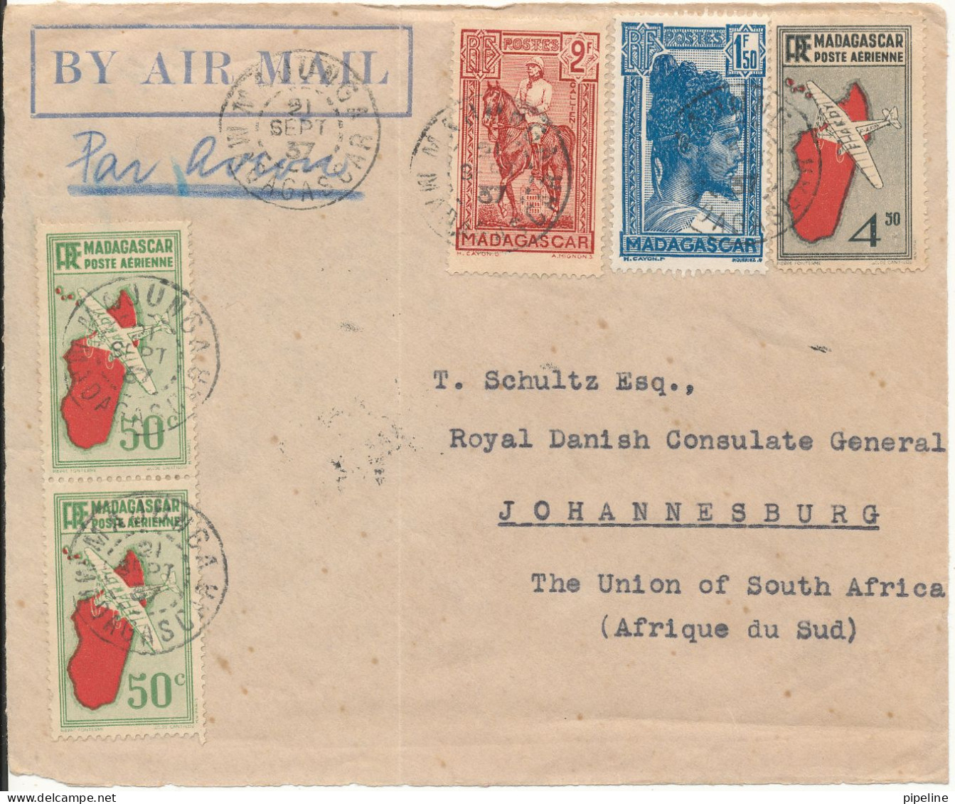 Madagascar FRONTPAGE Of A Cover Sent To The Royal Danish Consulate Johannesburg South Africa 21-9-1937 NB: NB : - Posta Aerea