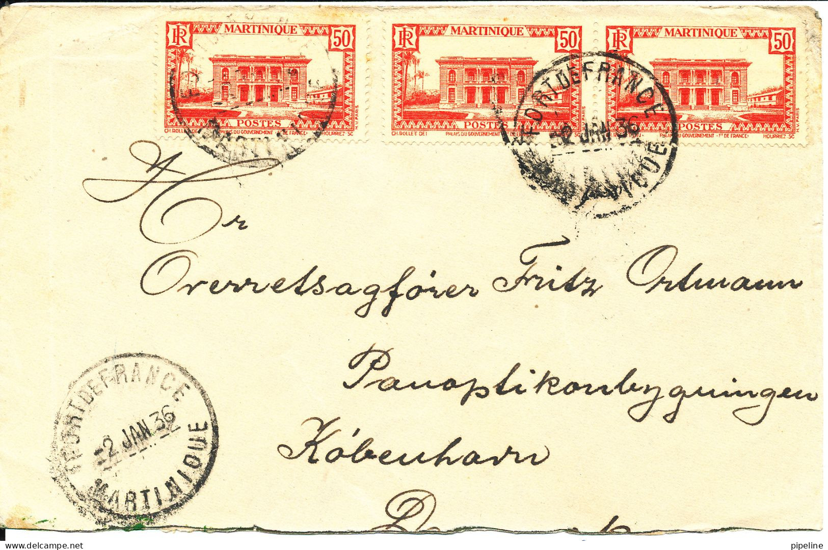 France Martinique Cover Sent To Denmark 2-1-1936 - Lettres & Documents